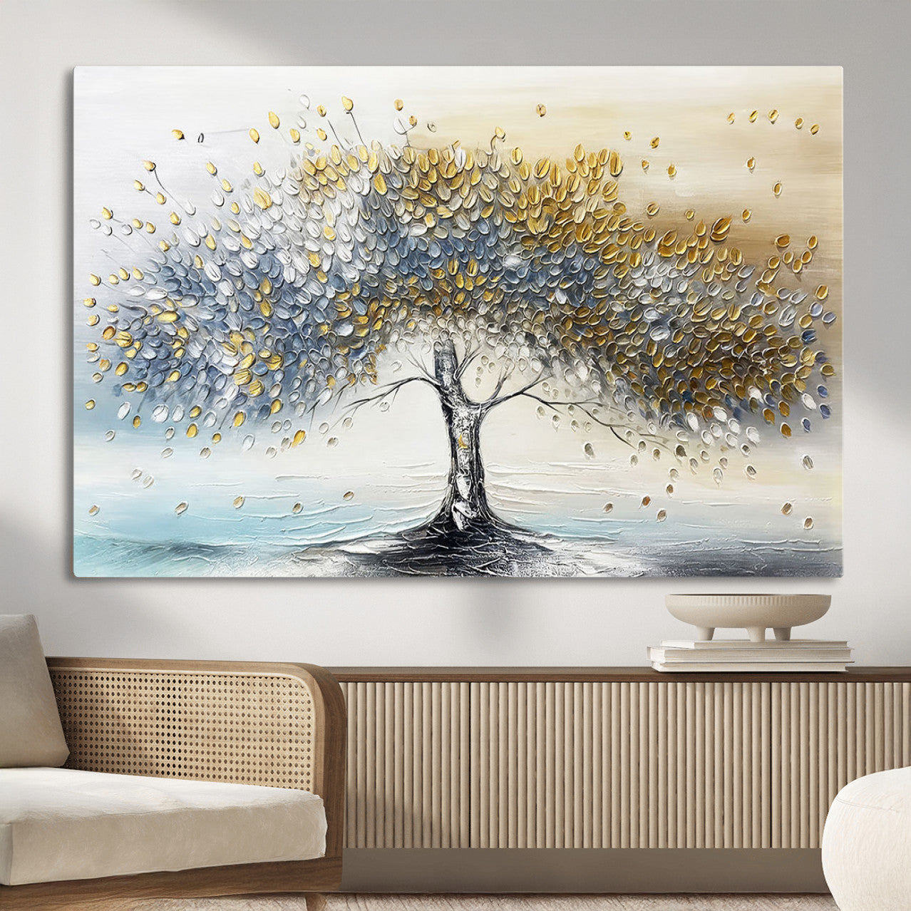 MGV-CV-36X24 - Golden & Silver Tree of Life Wall Art – Canvas Print with Whimsical Leaves Elegant Nature Design, Decorative Home, Office or Guest Room Decor