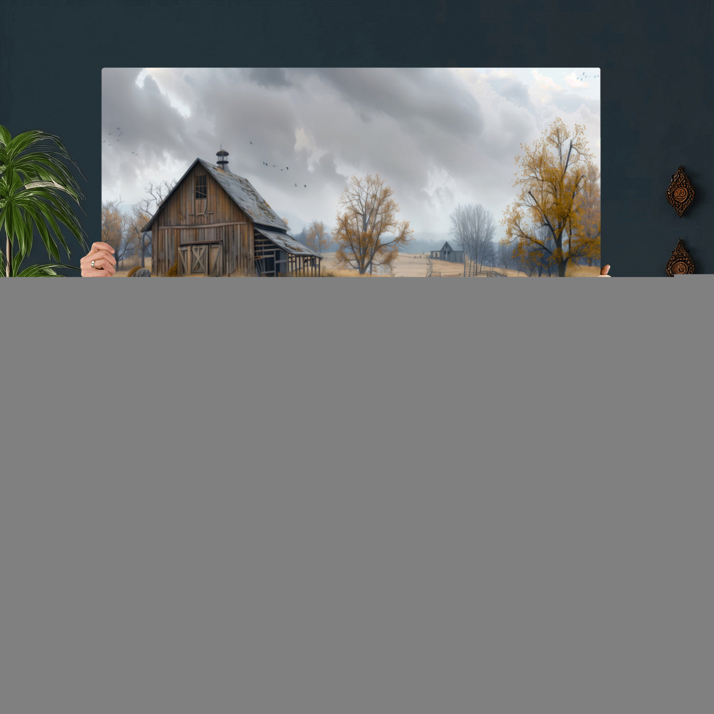 Farm1-MGV-CV-36X24 - Rustic Autumn Farmhouse Wall Art Canvas Print – Serene Countryside Scene with Weathered Barn and