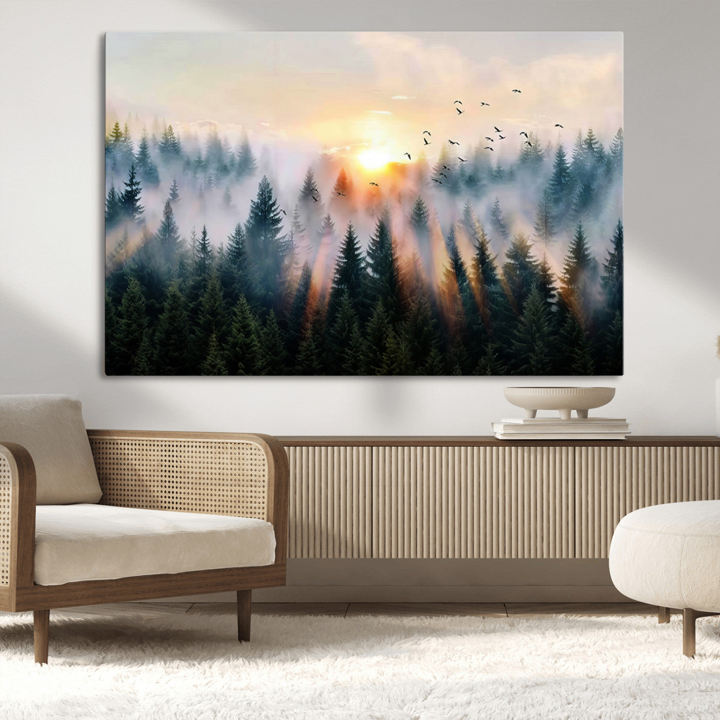 FRSABS1-MGV-CV-36X24-Abstract Forest Wall Art - Serene Nature Canvas Print with Misty Forest Design for Modern Home or