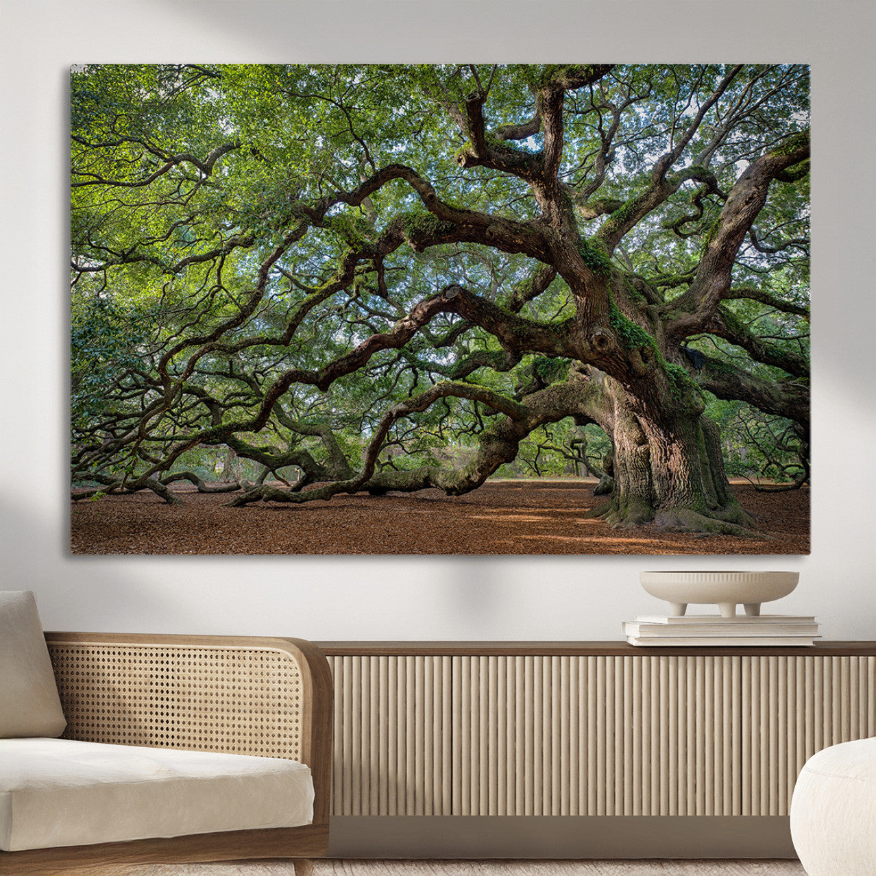 MGV-CV-36X24 - Ancient Oak Tree Wall Art – Canvas Print of Expansive Branches Lush Green Canopy, Tranquil Landscape, Majestic Nature Decor for Home or Office