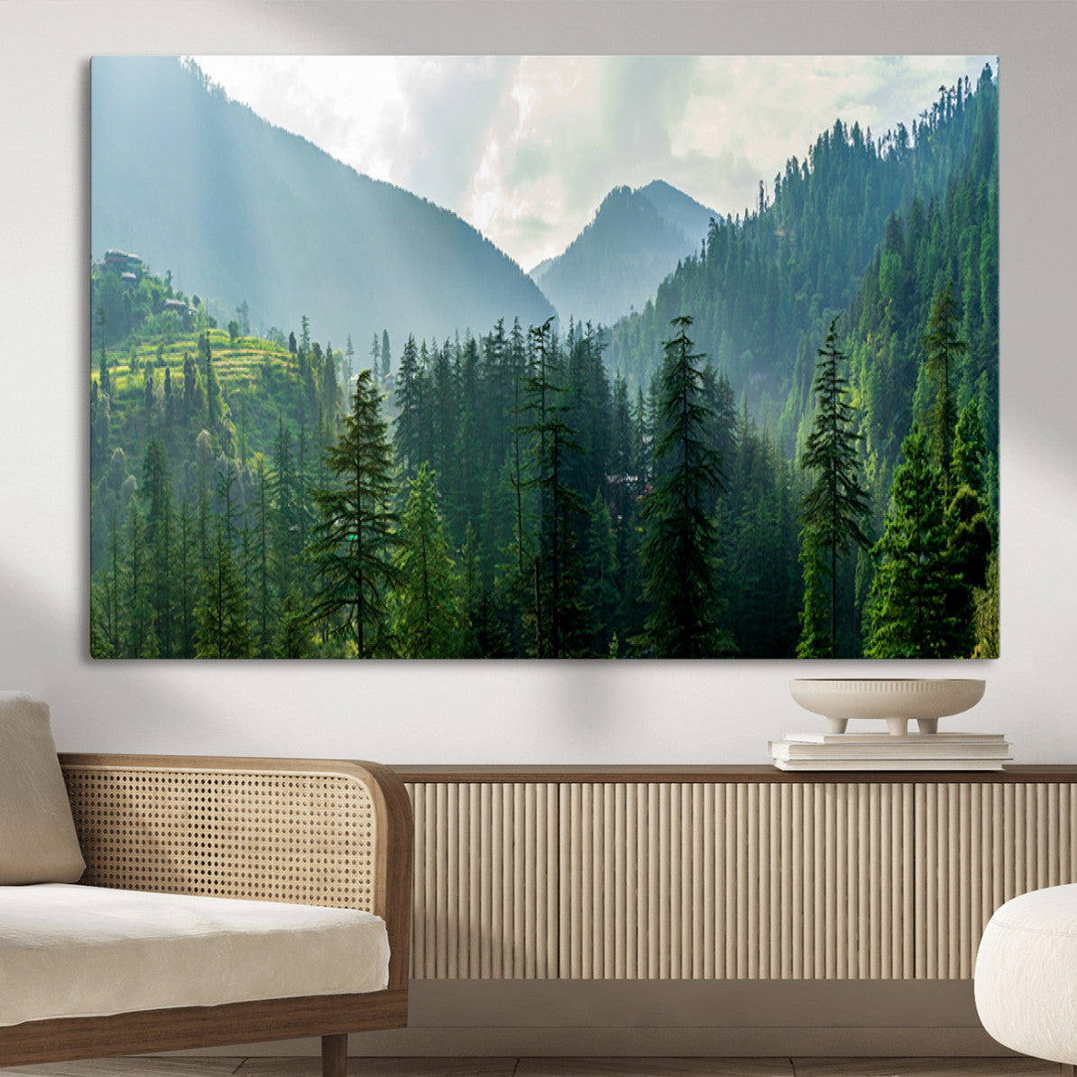 83417191-MGV-CV-36X24-Misty Forest Mountain Wall Art Canvas Print – Framed Serene Nature Scene with Tranquil Valley Artwork for Home, Office