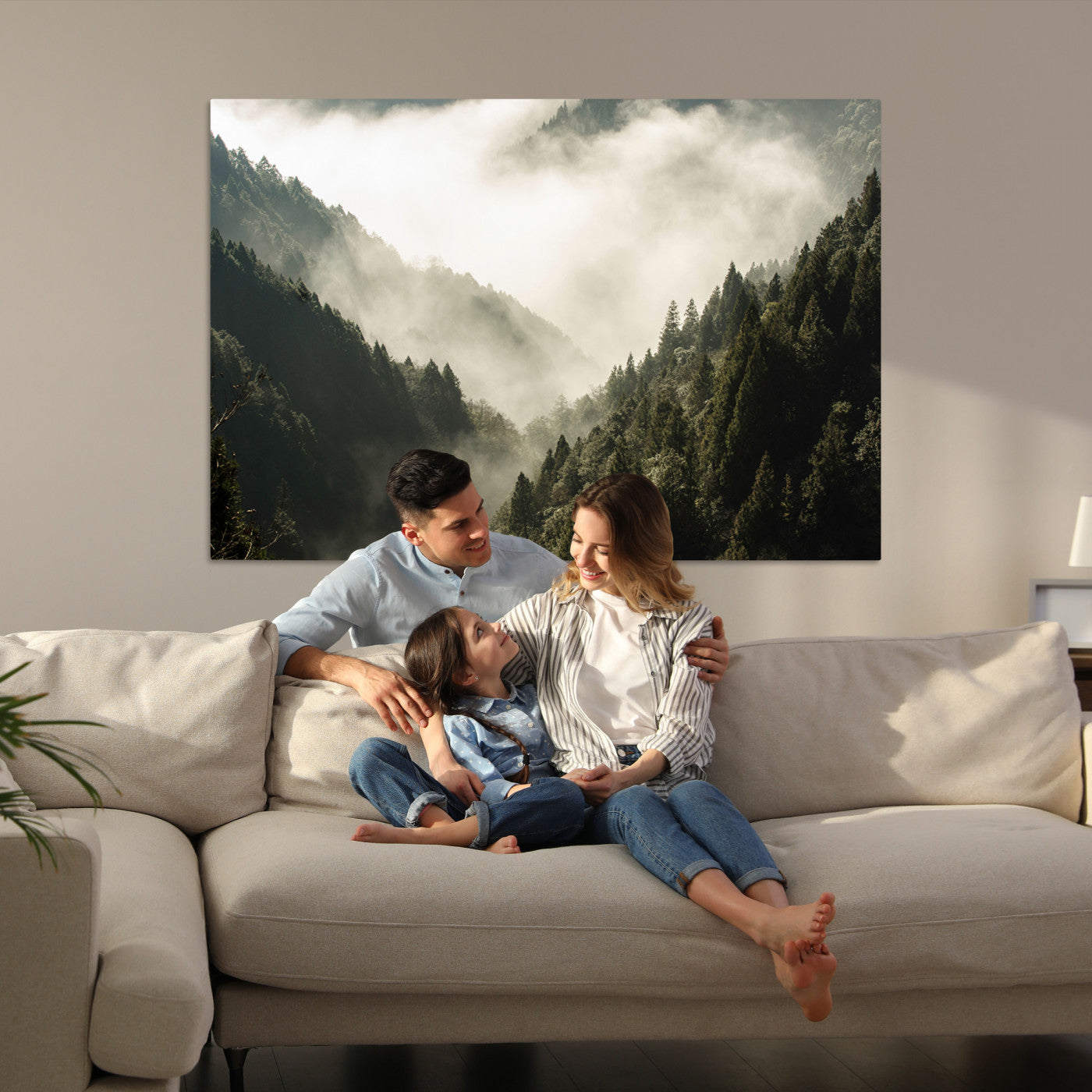 57570237-MGV-CV-36X24-Misty Valley Wall Art Canvas Print – Foggy Forest Pine Trees Serene Woodland Landscape Artwork for Home Office