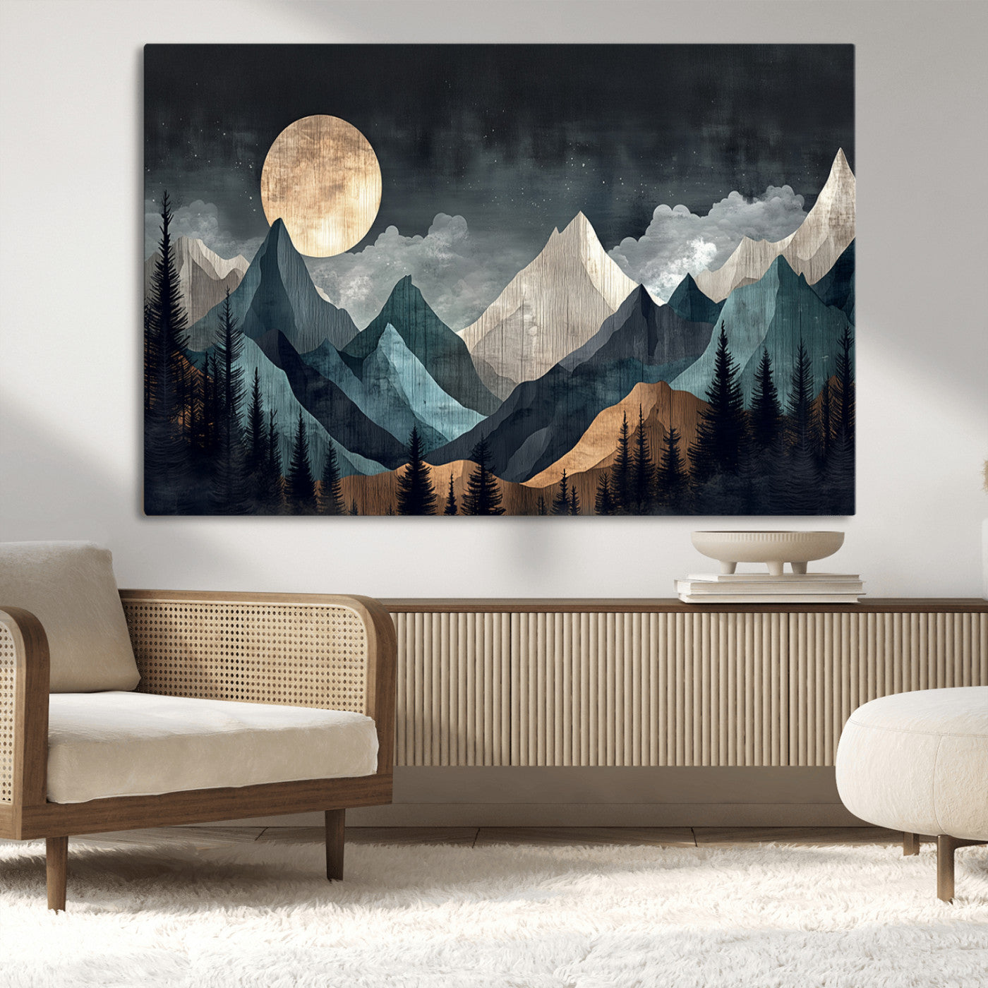 11060882-MGV-CV-36X24-Moonlit Mountain Wall Art Canvas Print – Silhouetted Pines Layered Peaks Tranquil Sky Mist Silver Light Nature Artwork for Home