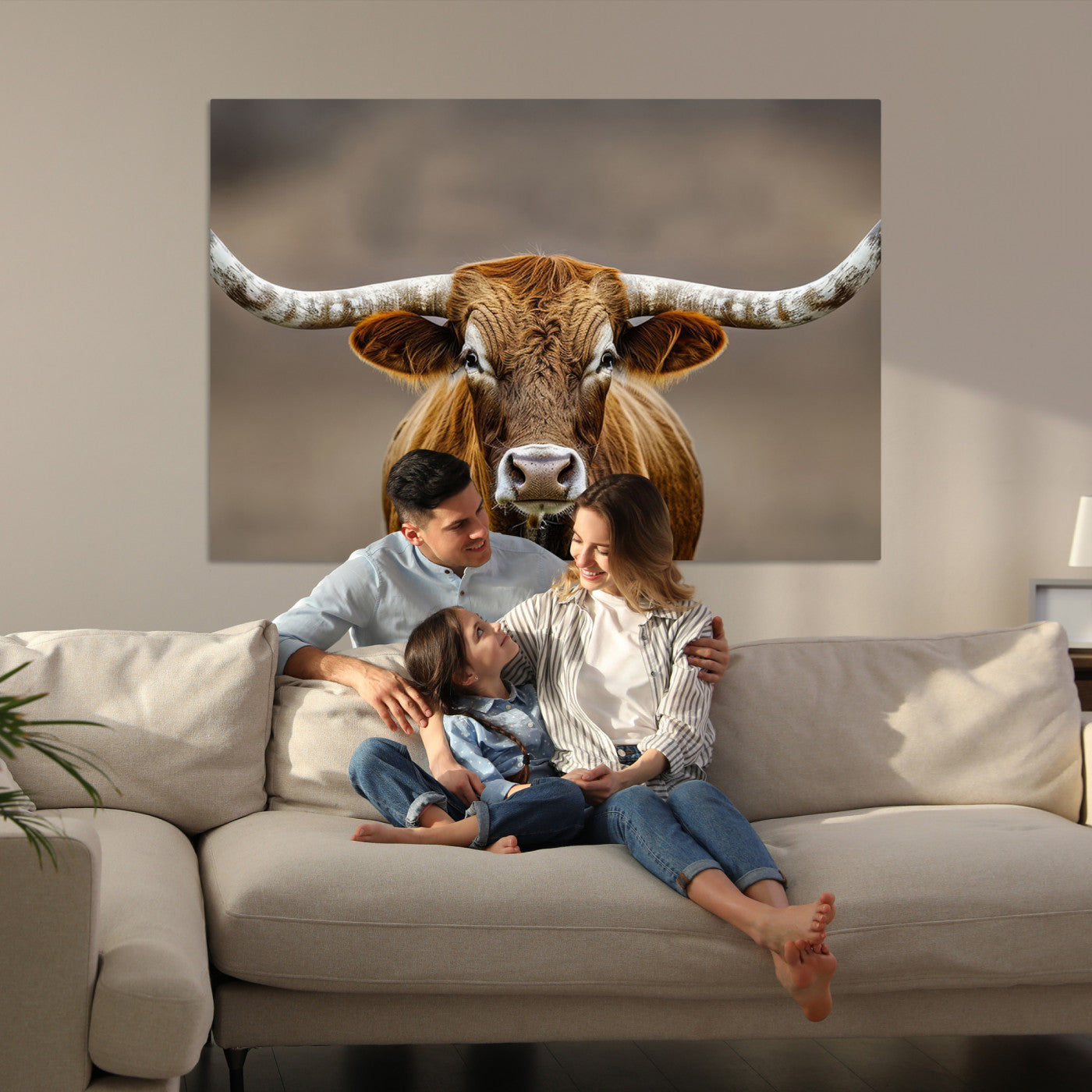 -Texas Longhorn Wall Art Canvas Print, Framed Brown Bull Art Picture Print, Lone Cattle Perfect