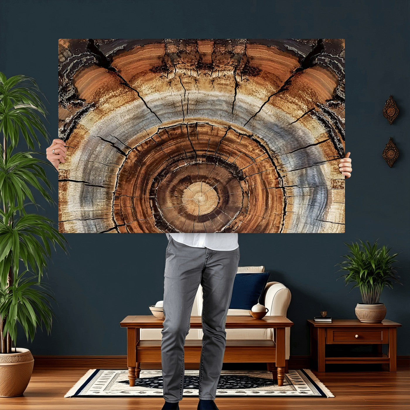 15184146-MGV-CV-36X24 - Tree Rings Wall Art Canvas Print, Framed Wood Texture Art Picture Print, Rustic Pattern Perfect Rustic Organic Decor Artwork