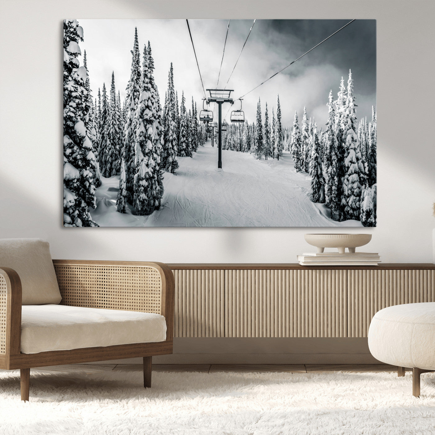 31156828-MGV-CV-36X24-Snowy Pines Wall Art Canvas Print – Framed Ski Lift Winter Forest Snowy Landscape Moody Lodge Artwork for Home, Office