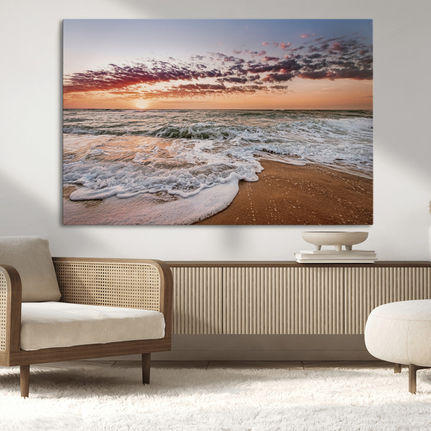 39846389-MGV-CV-36X24-Ocean Sunset Wall Art Canvas Print – Framed Sandy Shore Gentle Waves Coastal Landscape Minimalist Artwork for Home, Office