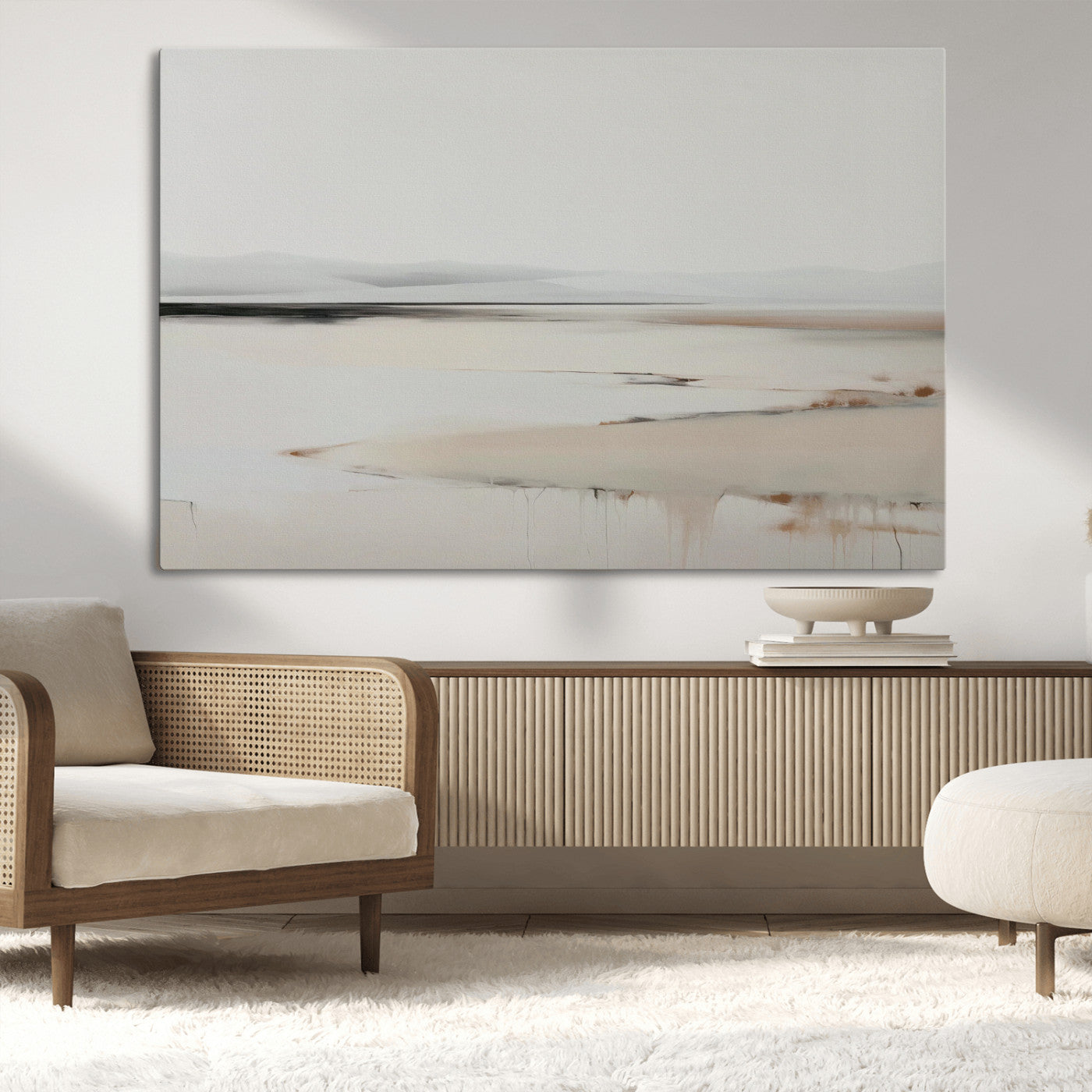 89410095-MGV-CV-36X24-Minimalist Landscape Wall Art Canvas Print – Framed Soft Horizon Abstract Seascape Earthy Tones Artwork for Home Office