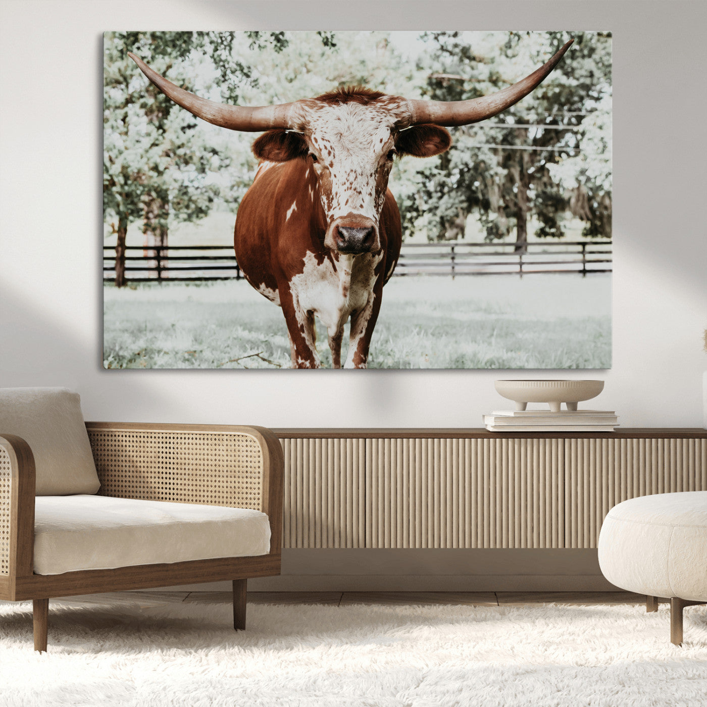 -Texas Longhorn Wall Art Canvas Print, Framed Spotted Cow Art Picture Print, Horned Cattle Perfect Rustic Western Decor Artwork