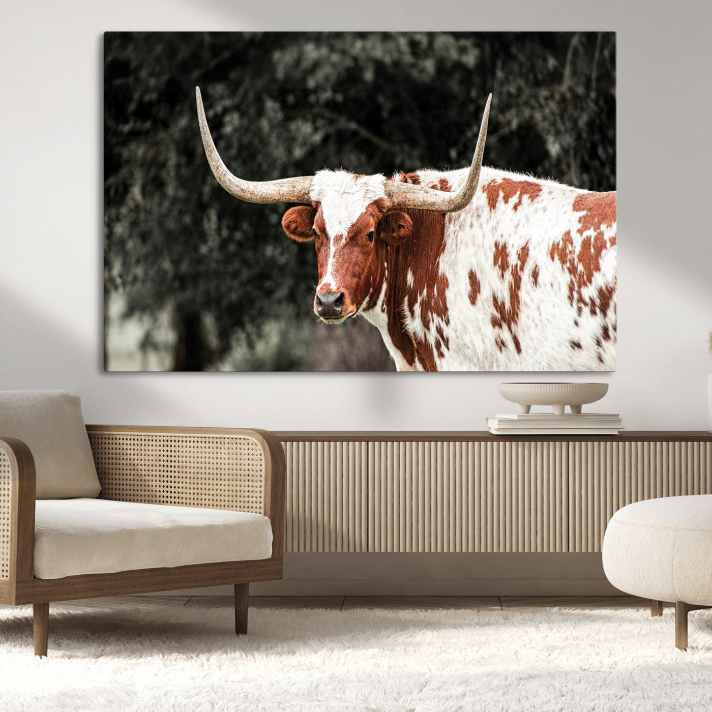 -Texas Longhorn Wall Art Canvas Print, Framed Spotted Cow Art Picture Print, Horned Bull Perfect Rustic Western Decor Artwork