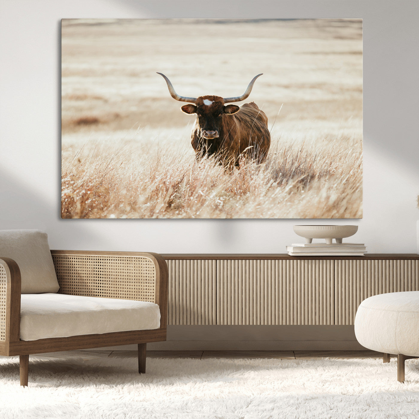 -Texas Longhorn Wall Art Canvas Print, Framed Brown Cattle Art Picture Print, Horned Bull Perfect Rustic Western Decor Artwork