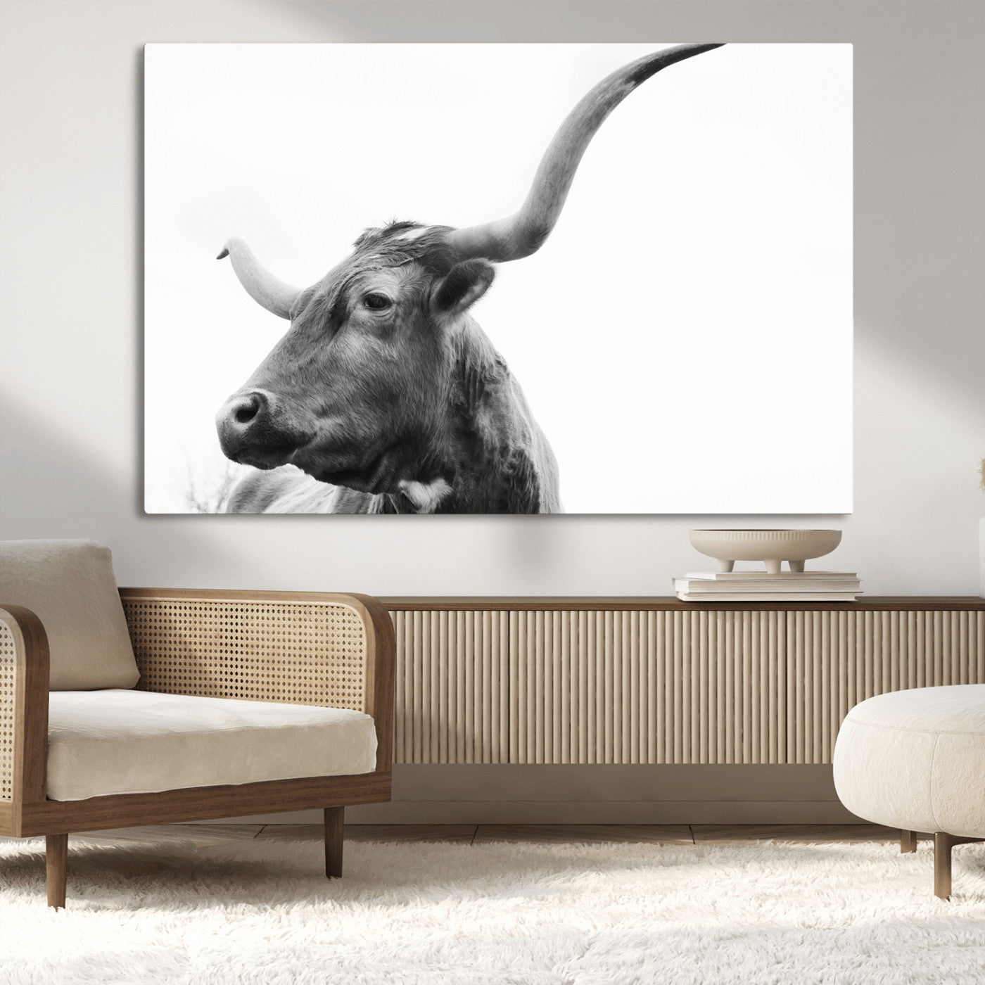 -Longhorn Wall Art Wall Art Canvas Print, Framed Modern Ranch Style Art Art Picture Print, Monochrome Cow Print Perfect Rustic Western Decor Artwork
