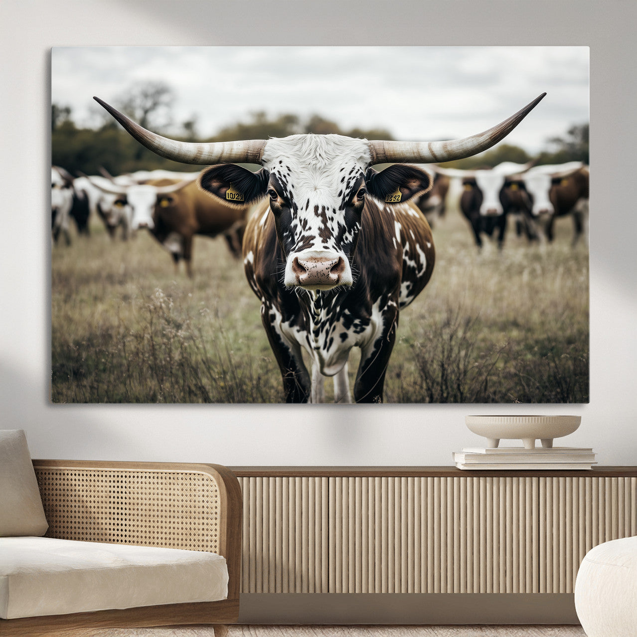 MGV-CV-36X24 - Majestic Longhorn Cow Wall Art – Canvas Print of Intricate Fur & Sharp Horns Earthy Tones Serene Landscape, Rustic Charm Decor for Living Room, Office or Bedroom