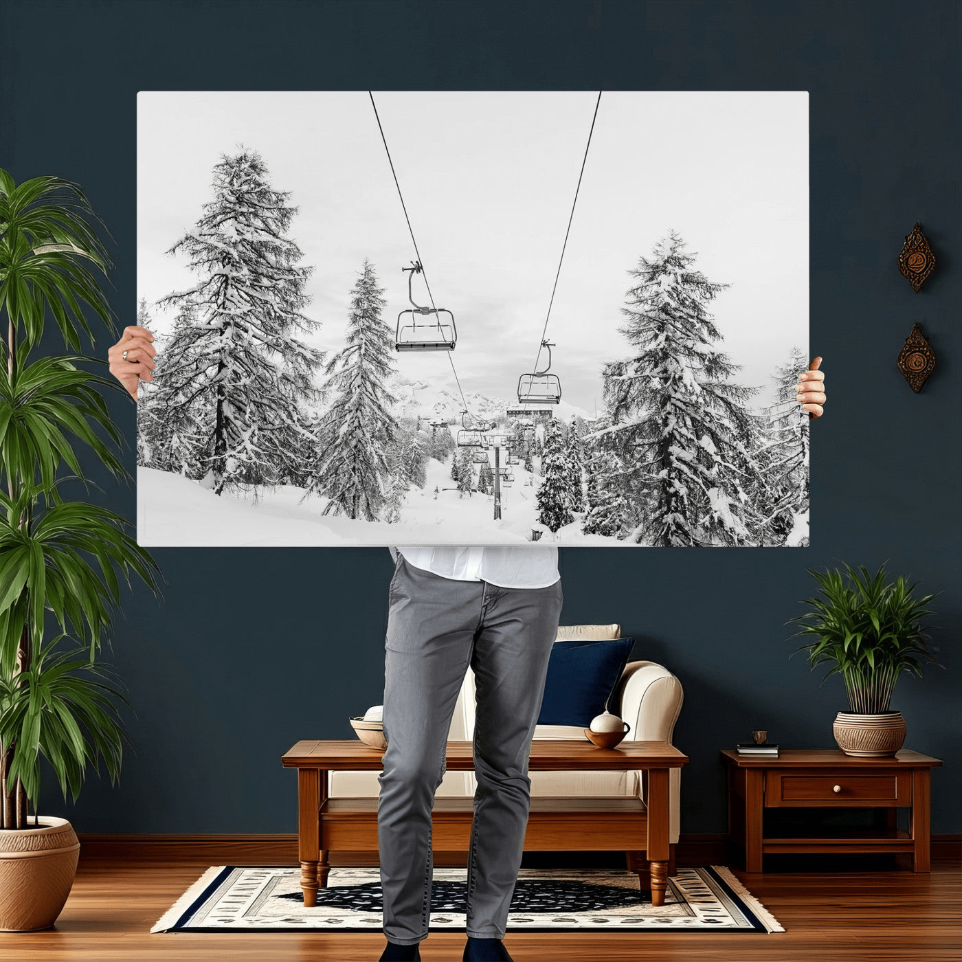 55003599-MGV-CV-36X24 - Snowy Ski Lift Wall Art – Framed Winter Forest Canvas Artwork, Peaceful Mountain Design, Modern Nature Decor for Home, Office