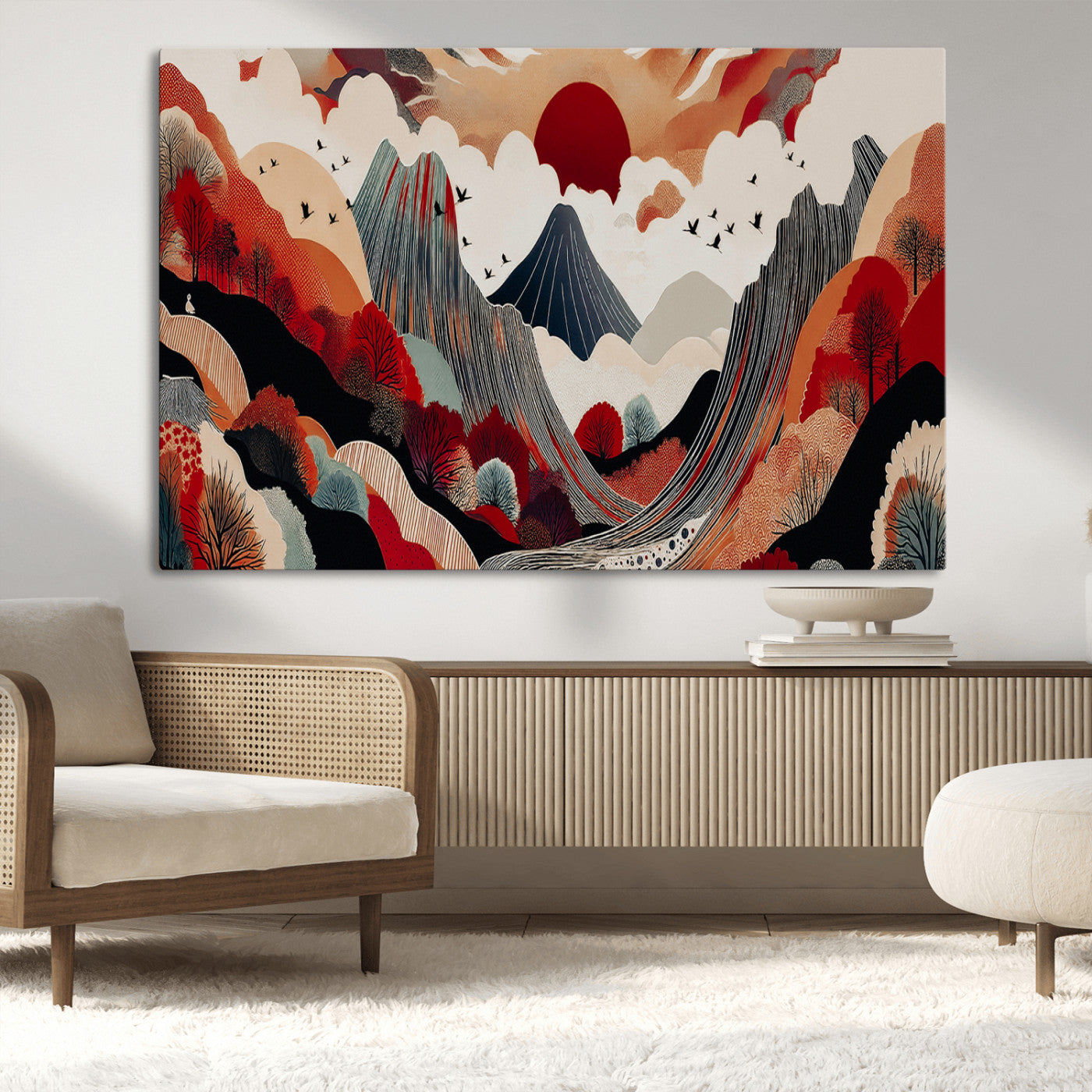 49034575-MGV-CV-36X24-Abstract Mountain Wall Art Canvas Print – Vibrant Stylized Landscape Colorful Peaks Nature Artwork for Home Office