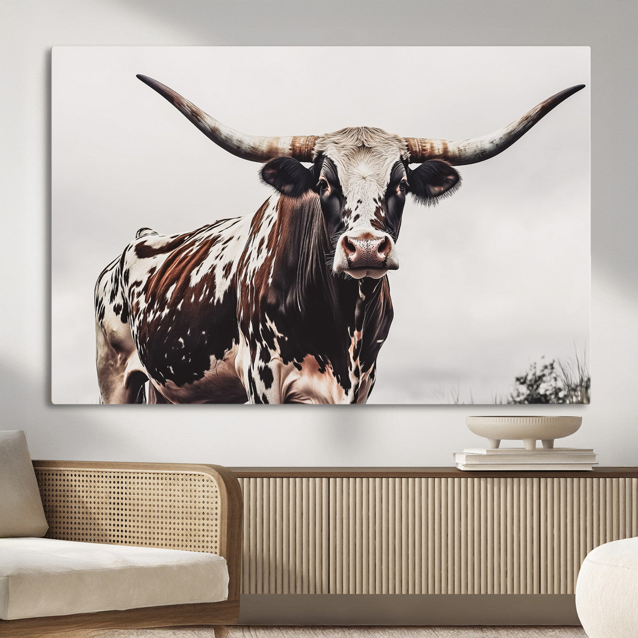 MGV-CV-36X24 - Texas Longhorn Wall Art Canvas Print, Framed Spotted Bull Art Picture Print, Horned Cattle Perfect Rustic Farmhouse Decor Artwork