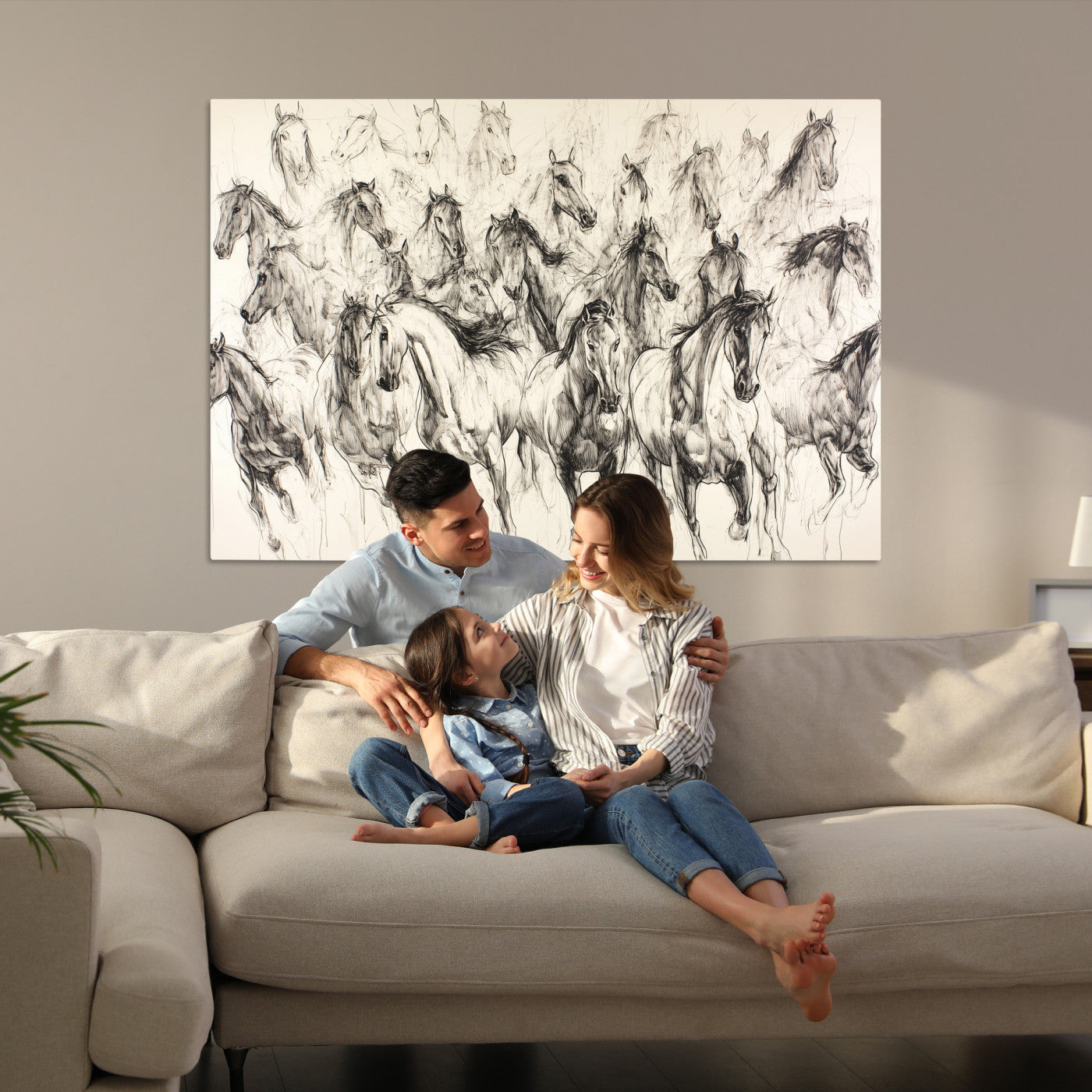 19433417-MGV-CV-36X24-Running Horses Wall Art Canvas Print – Framed Galloping Herd Dynamic Equestrian Sketch Nature Artwork for Home Office