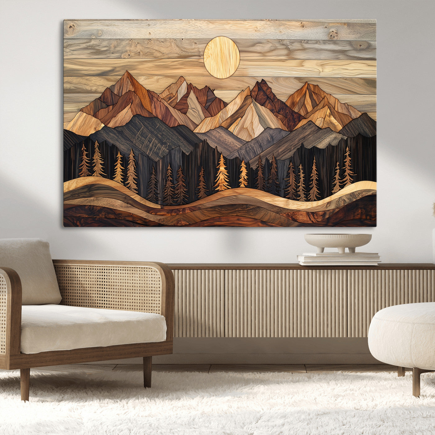 50100230-MGV-CV-36X24-Wood Mountain Wall Art Canvas Print – Framed Boho Abstract Woodland Rustic Farmhouse Geometric Artwork for Home Office