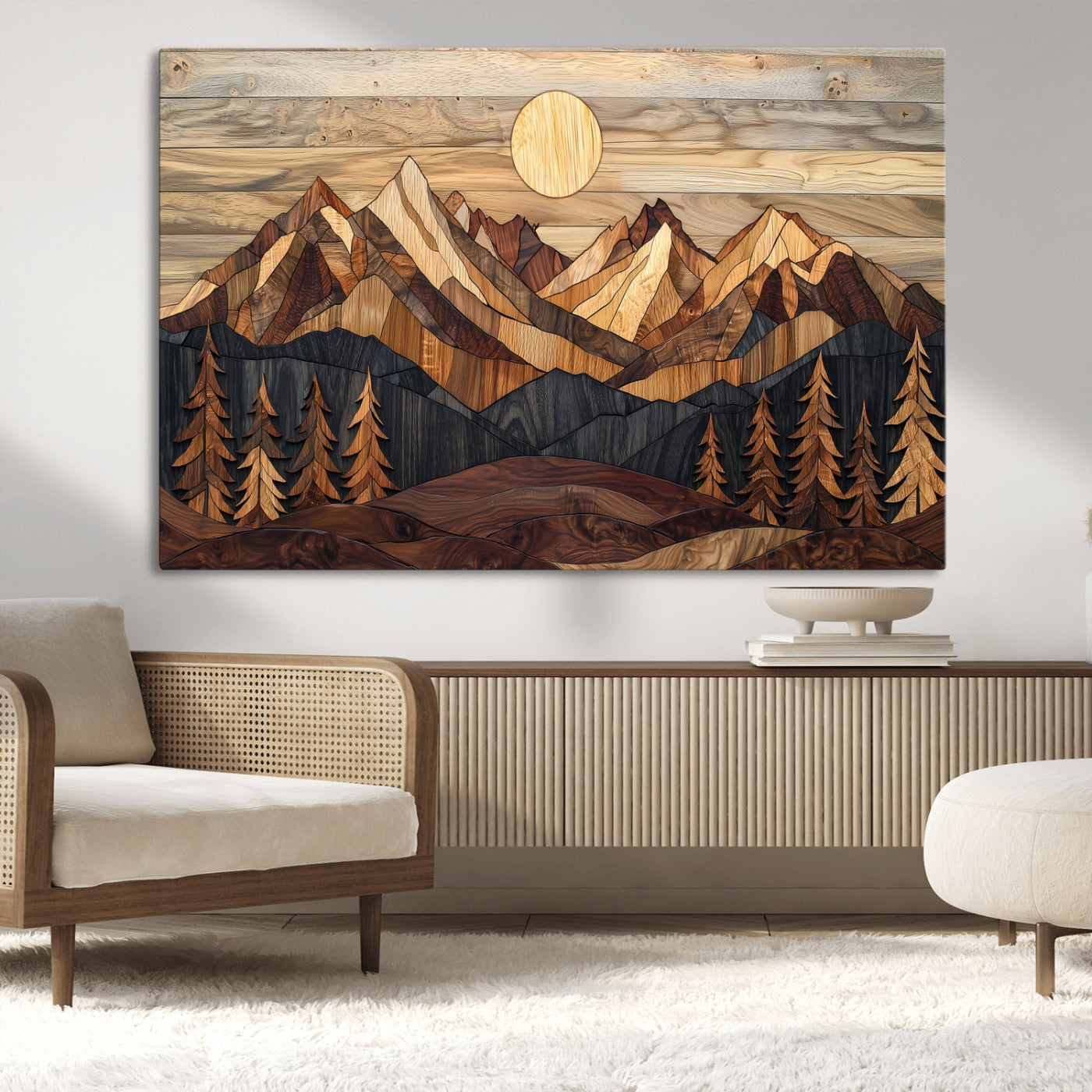 -Wood Mountain Landscape Wall Art Canvas Print, Framed Sunset Hills Art Picture Print, Abstract Nature Perfect Boho Decor Artwork