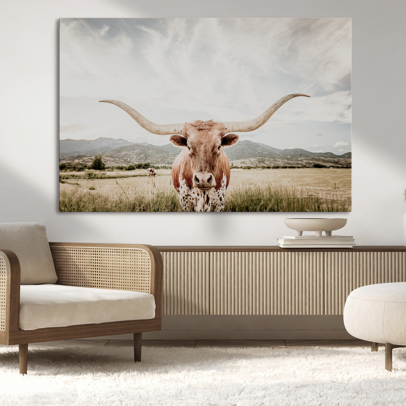 80054319-MGV-CV-36X24-Texas Longhorn Wall Art Canvas Print – Framed Western Cow Scene with Rustic Farmhouse Artwork for Home, Office