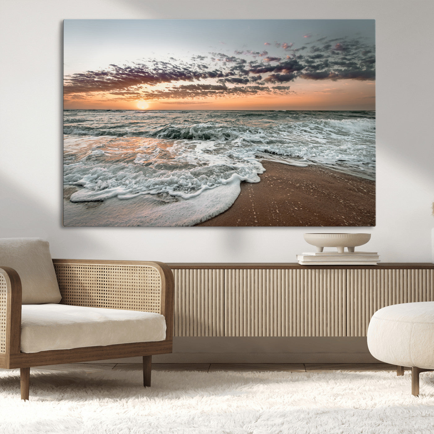 40632752-MGV-CV-36X24-Ocean Sunset Wall Art Canvas Print – Framed Beach Waves Scene with Coastal Artwork for Home, Office, Living Room