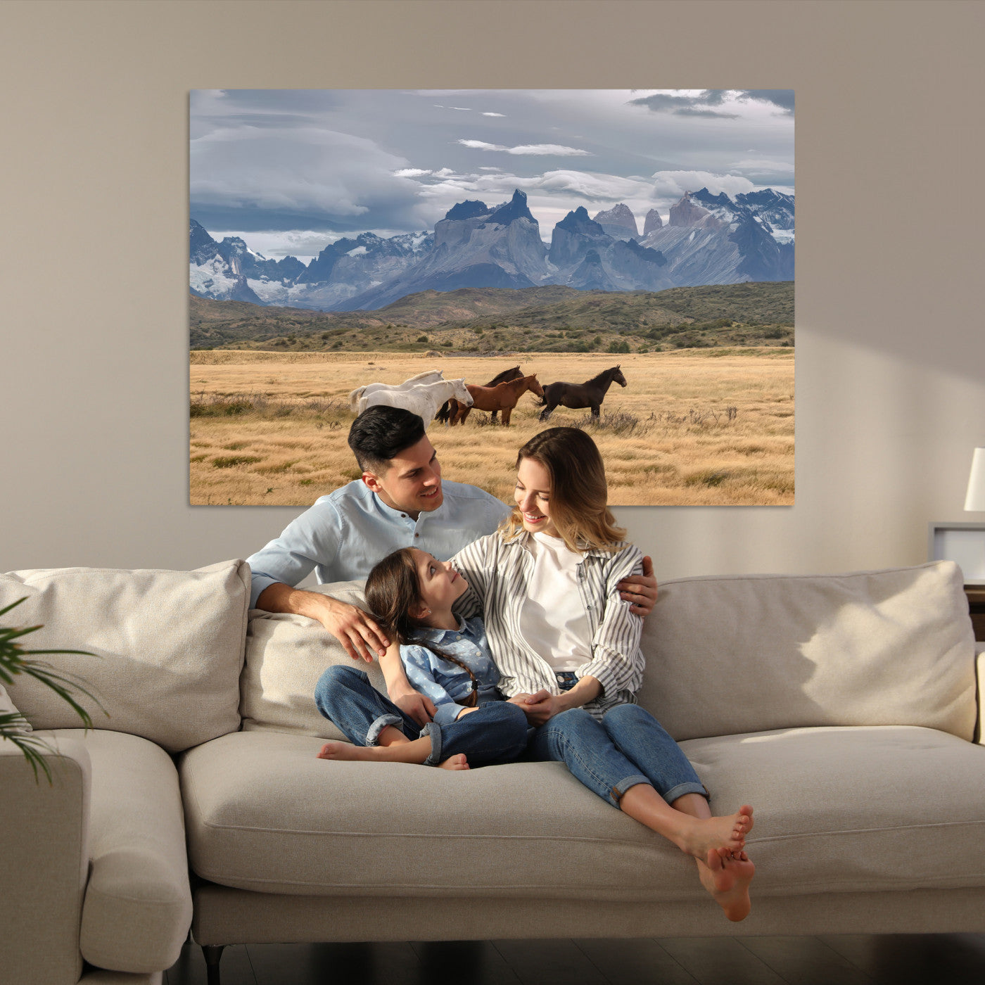 69960232-MGV-CV-36X24-Horses Grazing Wall Art Canvas Print – Framed Mountain Field Scenic Landscape Cloudy Sky Nature Artwork for Home Office