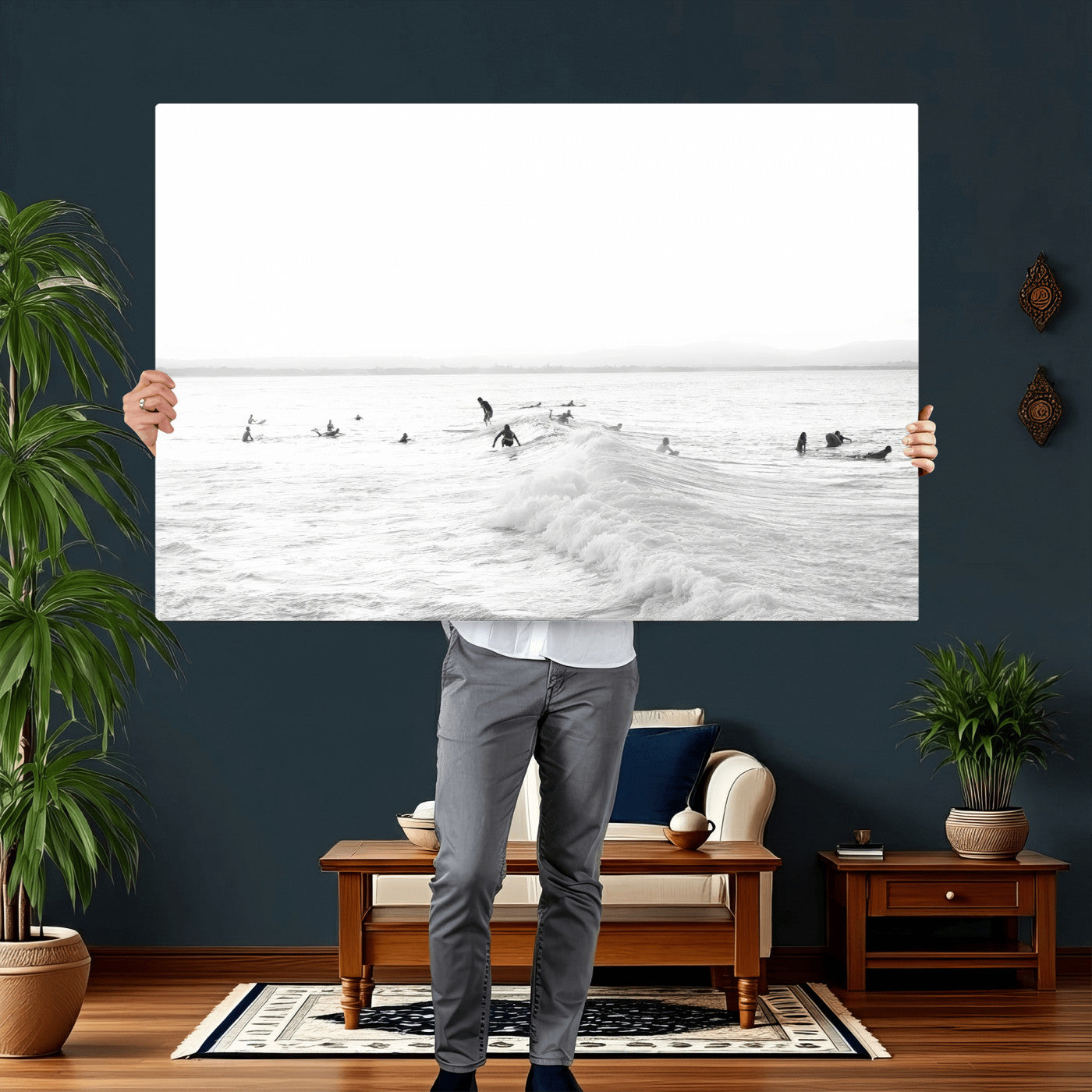 33449548-MGV-CV-36X24 - Surf Crowd Motion Wall Art – Active Surfers & Ocean Waves Canvas Print, Dynamic Water and Coastal Horizon for Living Room or Sea Adventure Decor