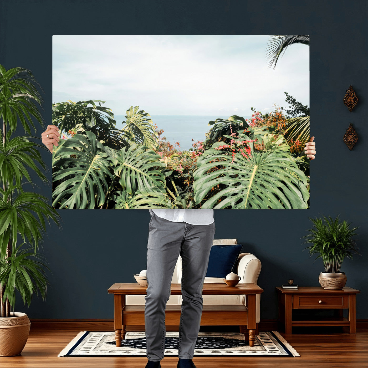 45700479-MGV-CV-36X24 - Tropical Greenery Wall Art – Exotic Leaves & Ocean View Canvas Print, Sunlit Paradise and Vibrant Nature for Living Room or Coastal Decor