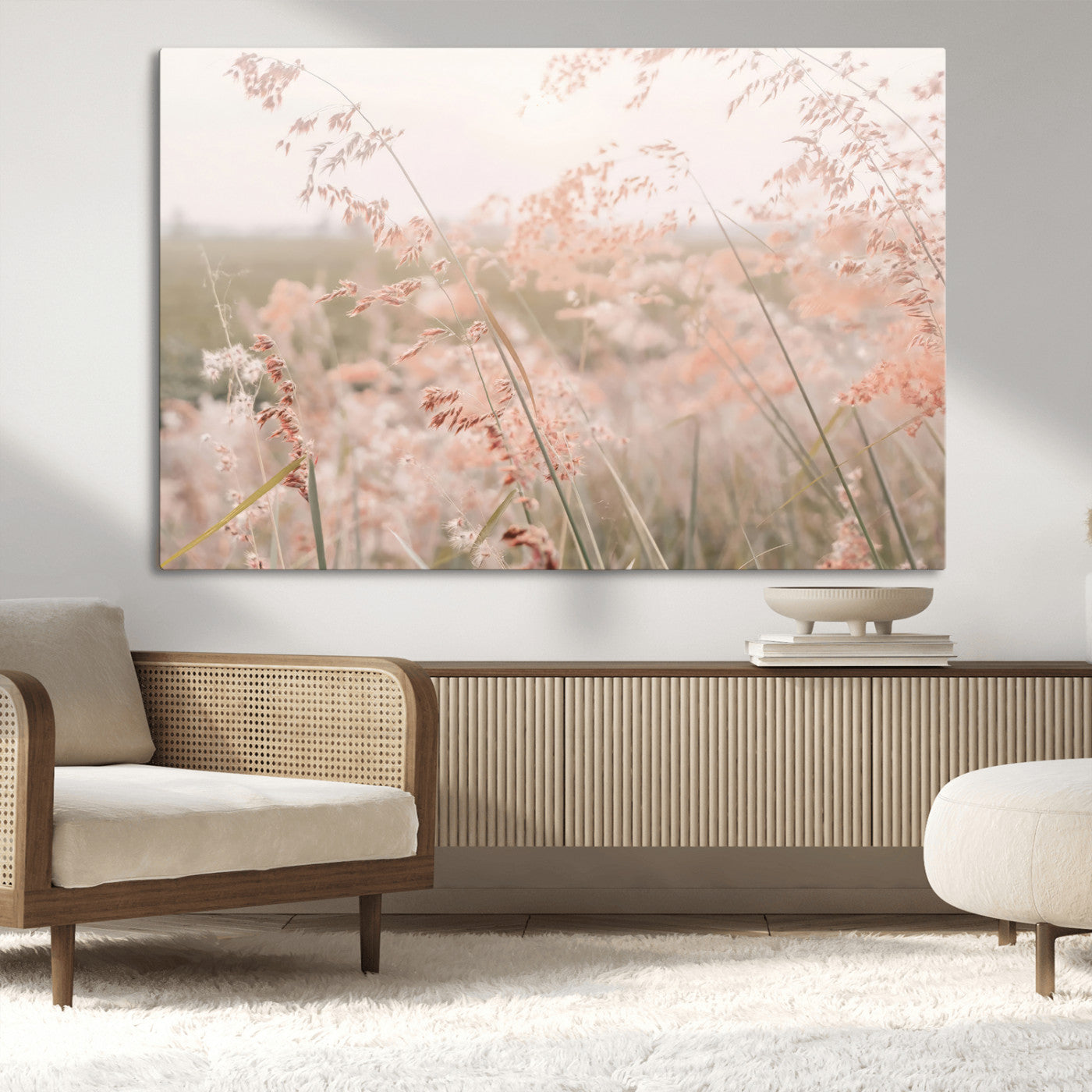 -Pastel Grasses Wall Art Canvas Print, Framed Soft Meadow Art Picture Print, Field in Breeze Perfect Soft Pastel Minimal Decor Artwork