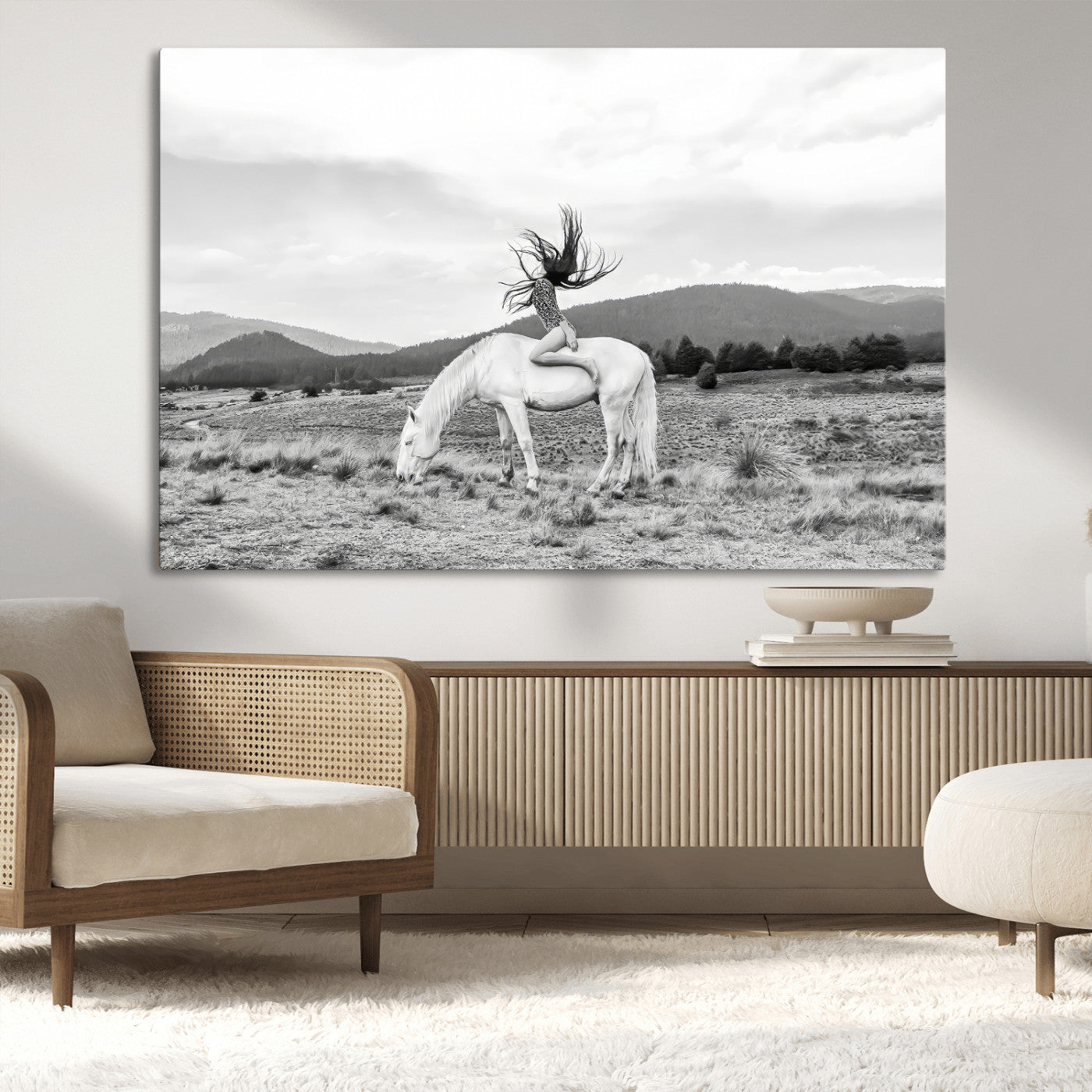 62789800-MGV-CV-36X24-White Horse Wall Art Canvas Print – Framed Woman Rider Equestrian Pose Western Boho Elegant Artwork for Home Office