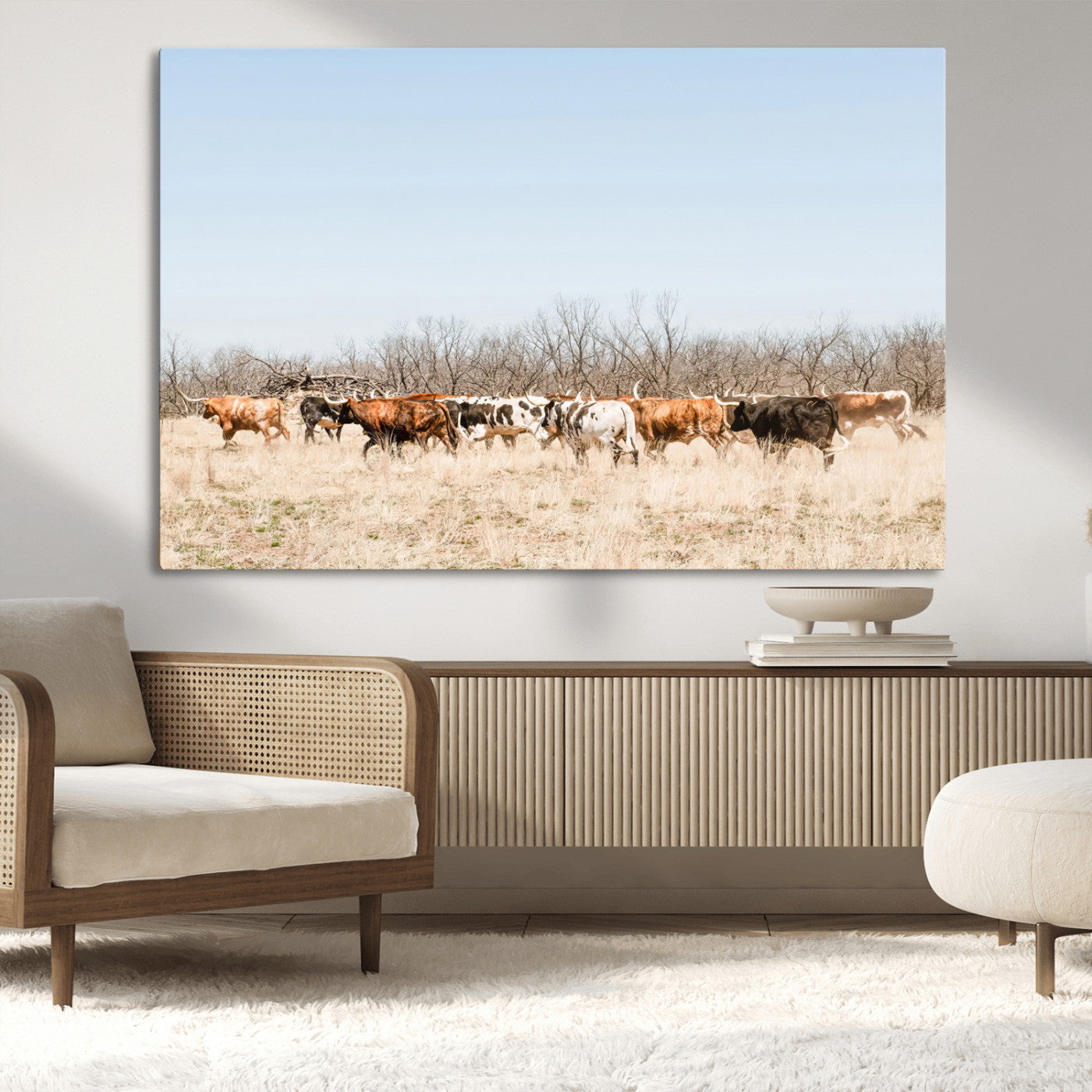 -Texas Longhorns Wall Art Canvas Print, Framed Western Cattles Art Picture Print, Rustic Herd Perfect Rustic Farmhouse Decor Artwork