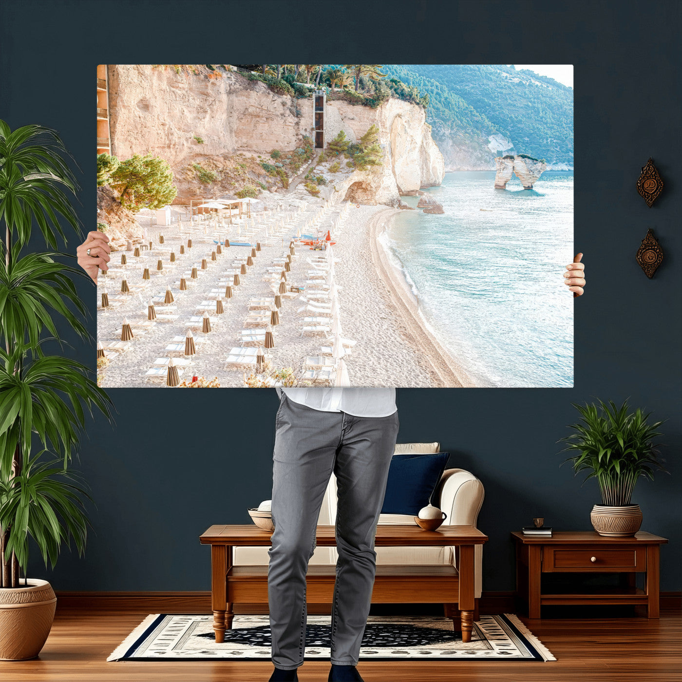 84816639-MGV-CV-36X24 - Sunny Beach Wall Art – Chairs & Umbrellas Canvas Print, Clear Water, Rocky Cliffs, Coastal Calm for Living Room or Vacation Home Decor