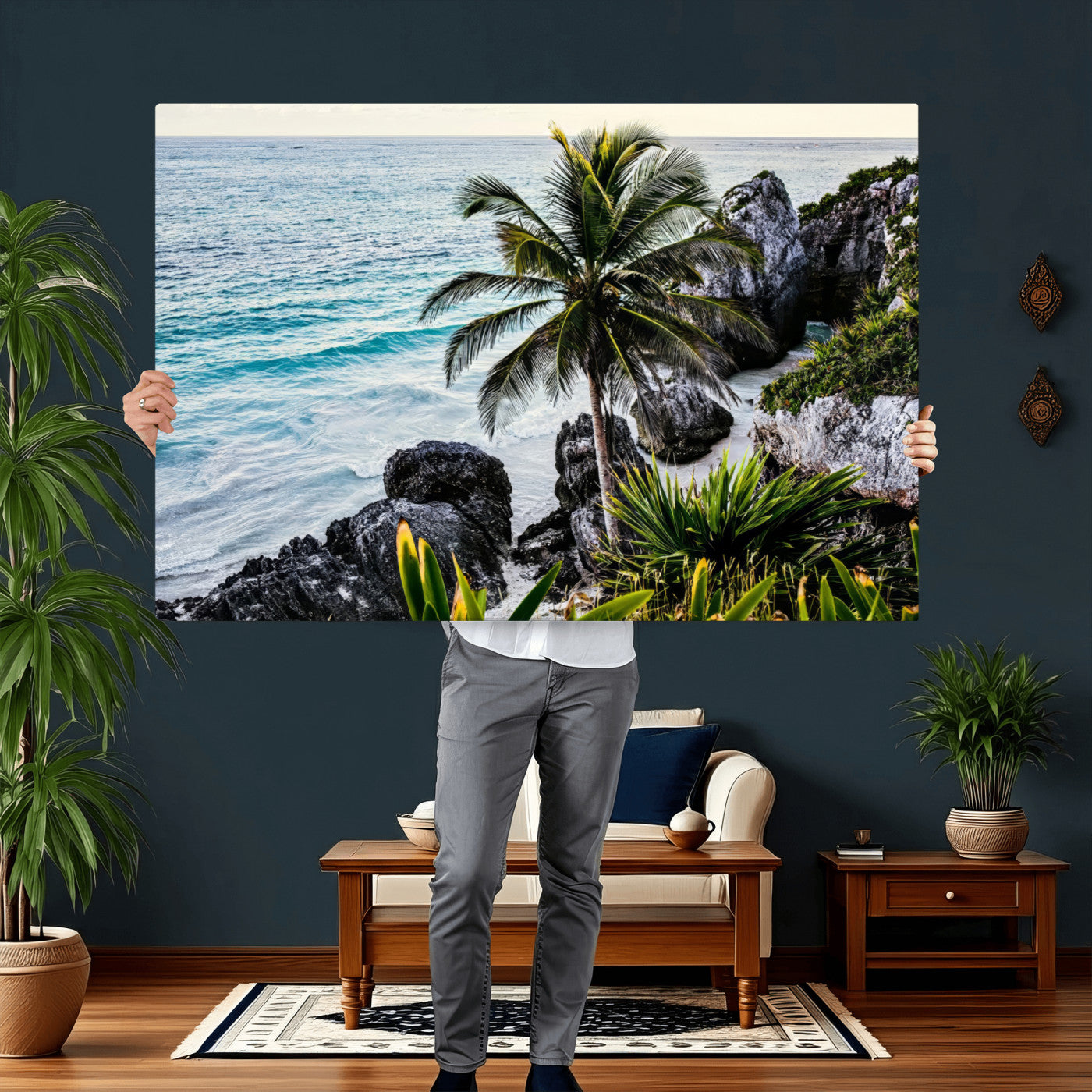 94669907-MGV-CV-36X24 - Tropical Palm Wall Art – Coastal Rocks Canvas Print, Ocean Breeze, Sandy Shore, Vibrant Green Foliage for Living Room or Beach House Decor