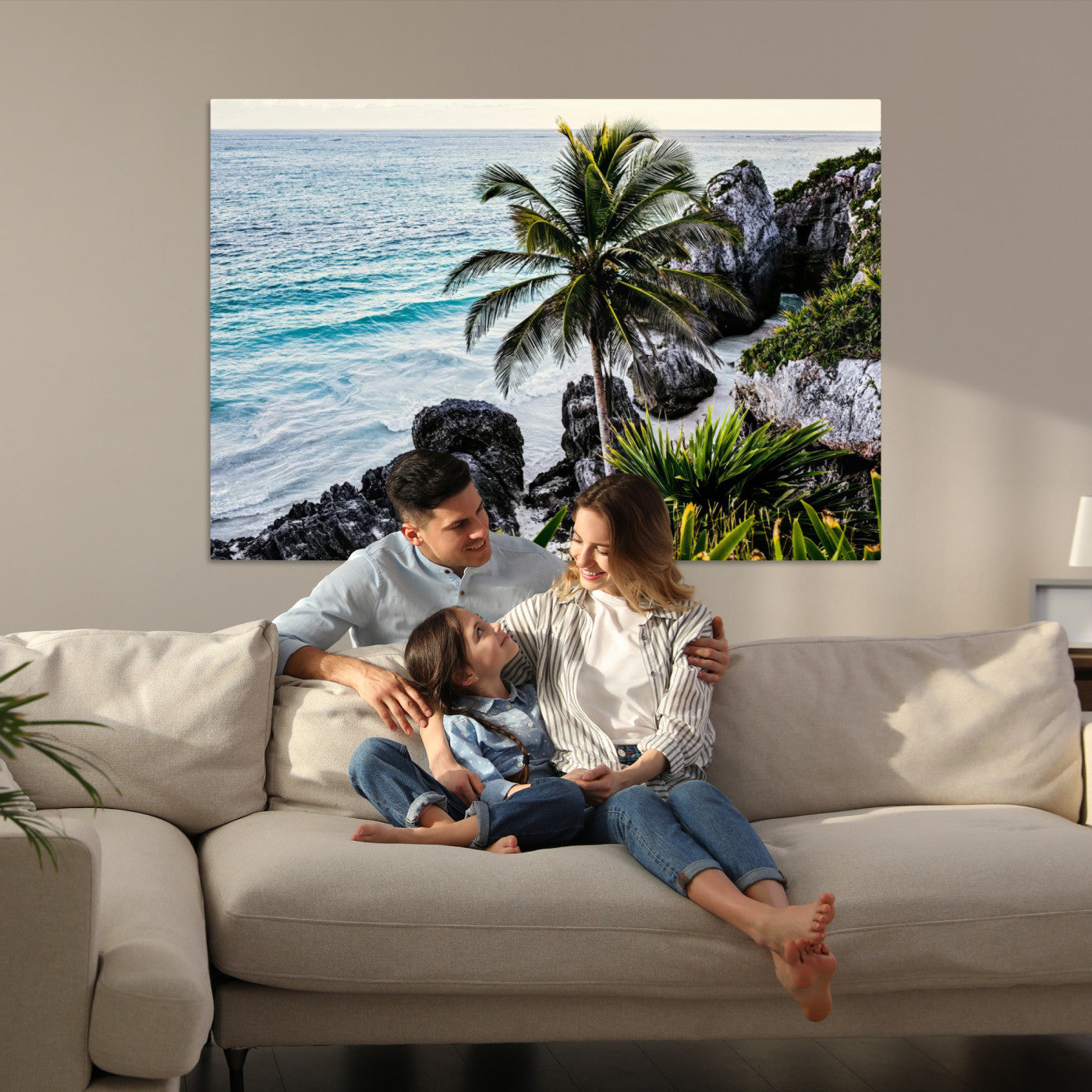 94669907-MGV-CV-36X24-Tropical Coastline Wall Art Canvas Print – Framed Palm Tree and Rocky Beach Scene Artwork for Home, Office Decor