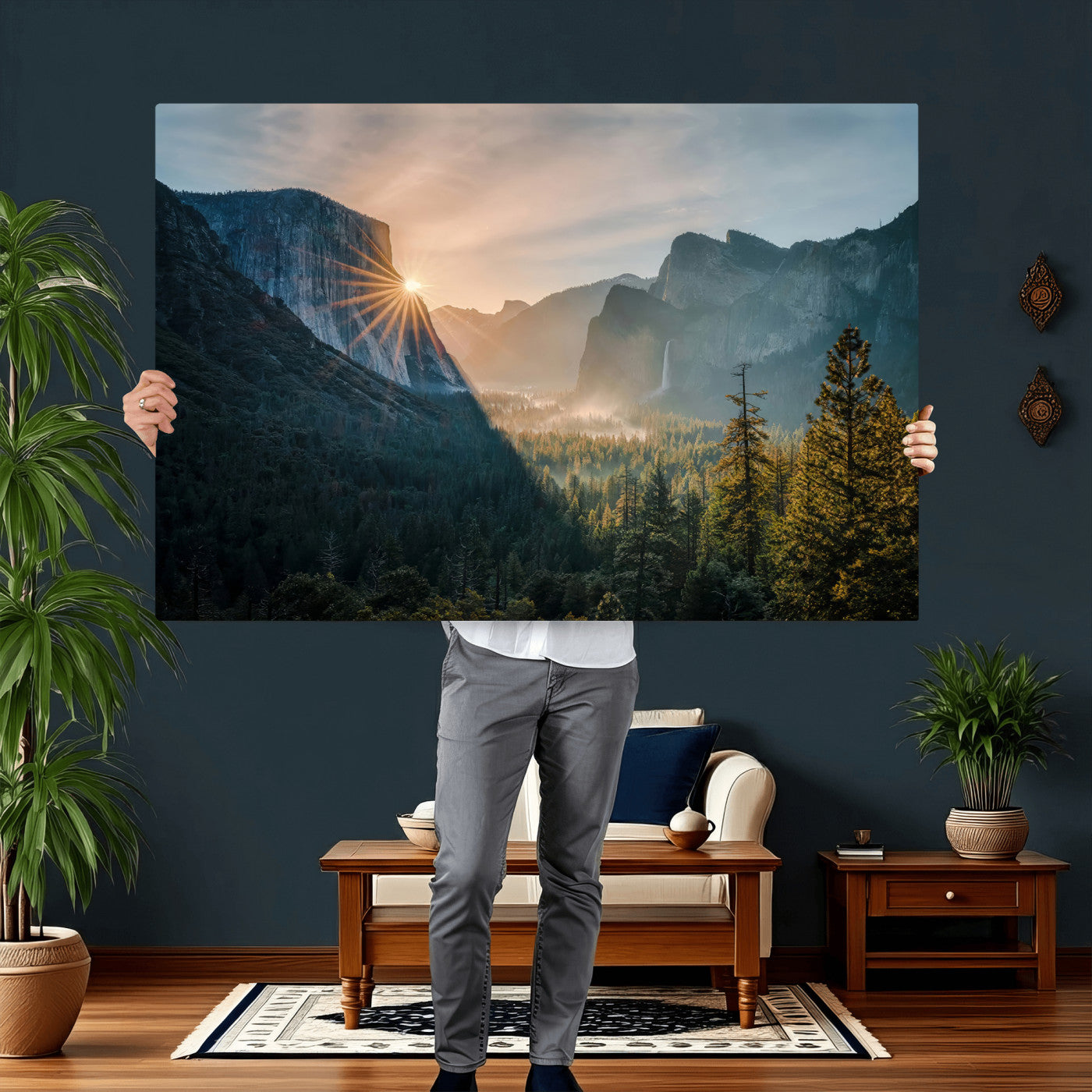 51605481-MGV-CV-36X24 - Yosemite Valley Wall Art – Misty Forest Peaks Canvas Print, Radiant Light, Tranquil Nature Landscape for Living Room or Cabin Decor