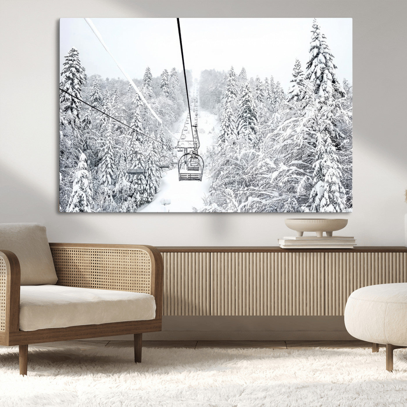 44705668-MGV-CV-36X24-Snowy Ski Lift Wall Art – Framed Winter Mountain Canvas Artwork, Serene Forest Design, Modern Nature Decor for Home, Office