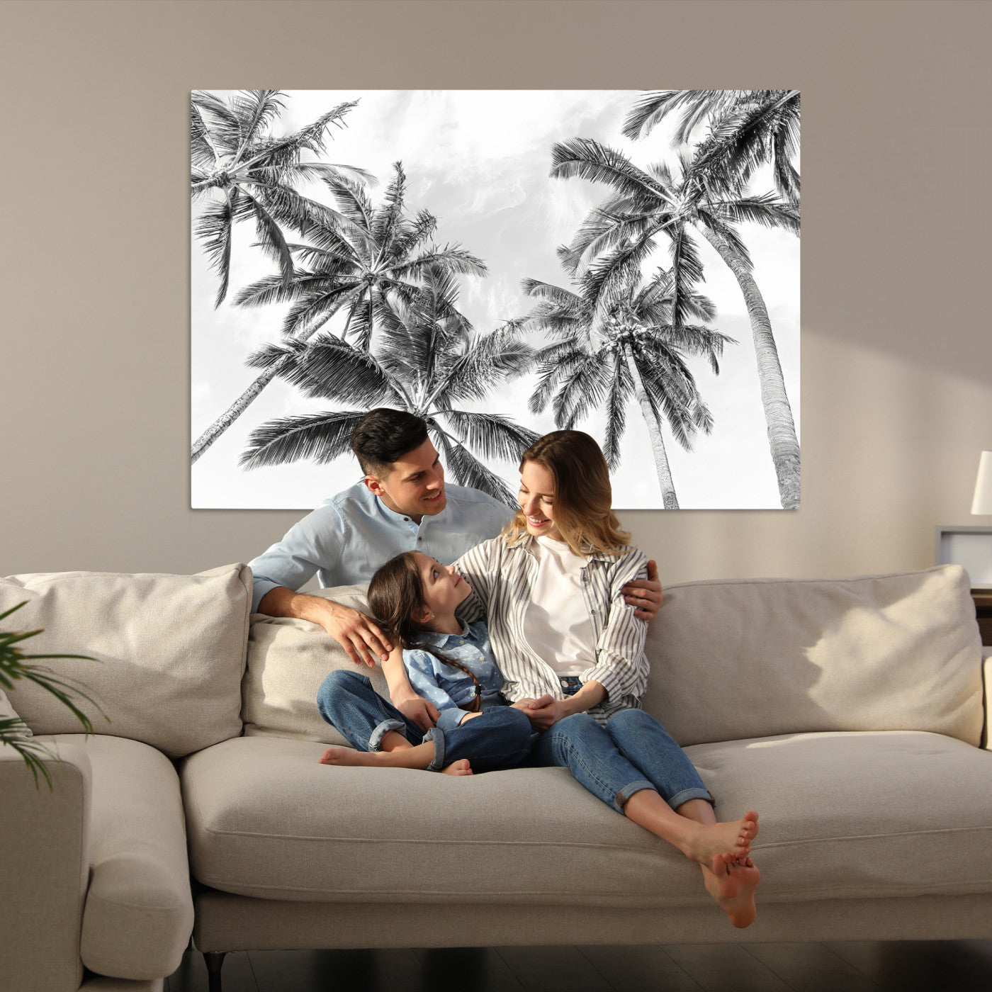 62113786-MGV-CV-36X24-Black and White Palm Wall Art Canvas Print – Framed Monochrome Tropical Beach Scene Artwork for Modern Home, Office Decor