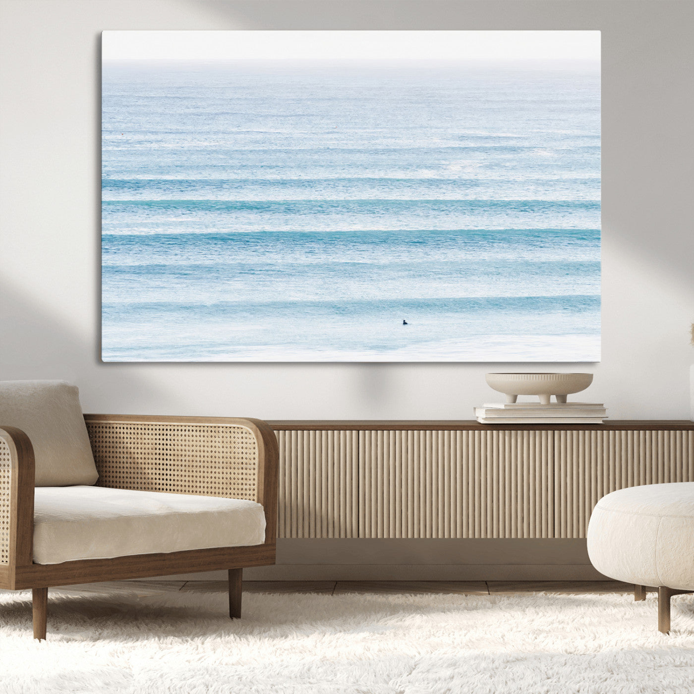 MGV-CV-36X24 - Ocean Simplicity Wall Art Canvas Print, Framed Surfer on Water Art Picture Print, Light Blue Perfect Coastal Minimalist Decor Artwork