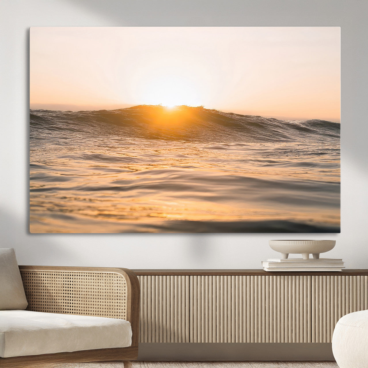 16973771-MGV-CV-36X24-Calm Water Wall Art – Framed Sunset Waves Canvas Artwork, Coastal Warm Design, Minimal Ocean Decor for Home, Office