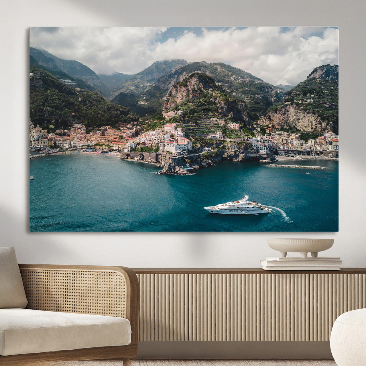 20321590-MGV-CV-36X24-Amalfi Coast Wall Art – Framed Italian Seaside Canvas Artwork, Mediterranean Landscape Design, Coastal Decor for Home, Office