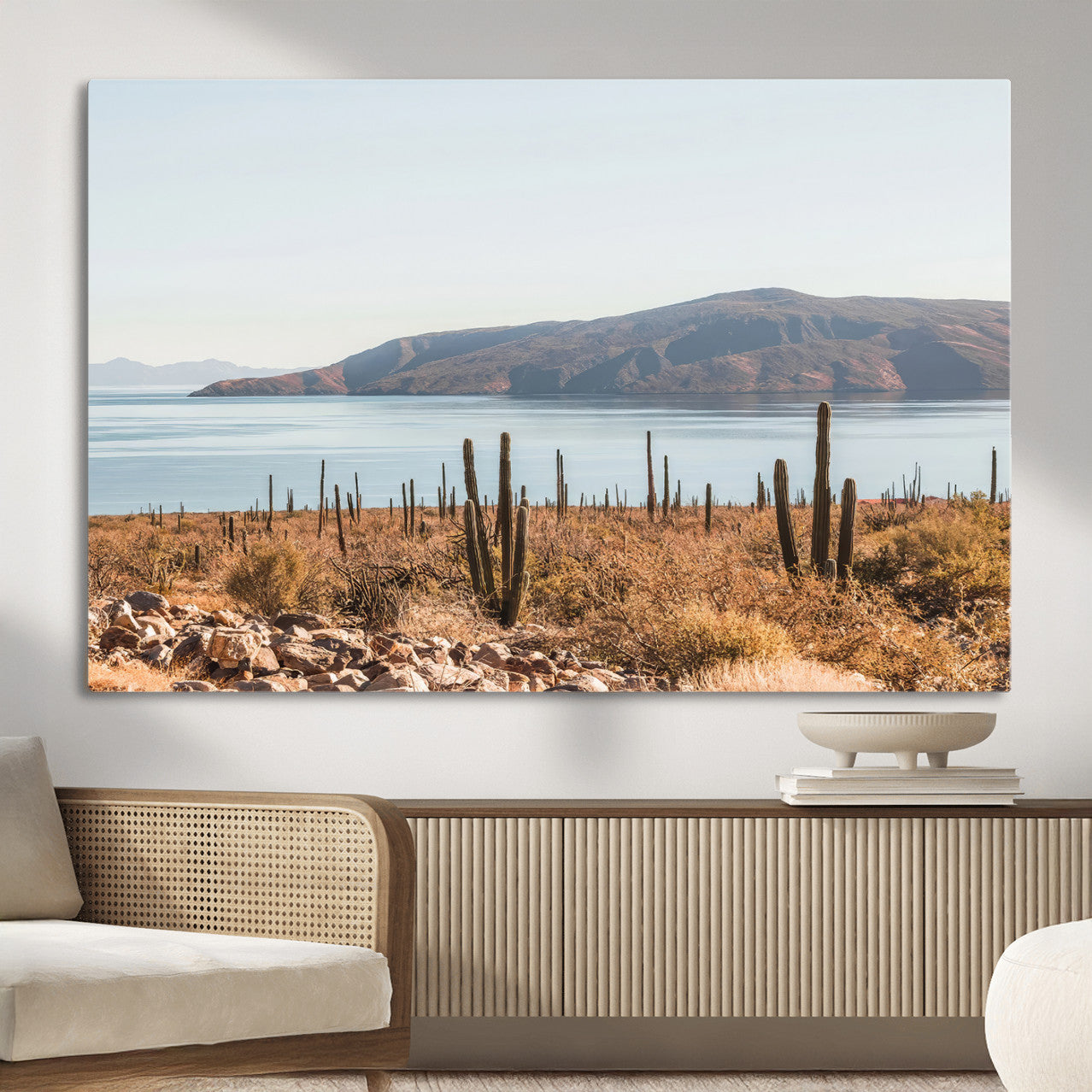 MGV-CV-36X24 - Desert Cactus Wall Art Canvas Print, Framed Baja Coastline Art Picture Print, Coastal Desert Perfect Southwestern Minimalist Decor Artwork