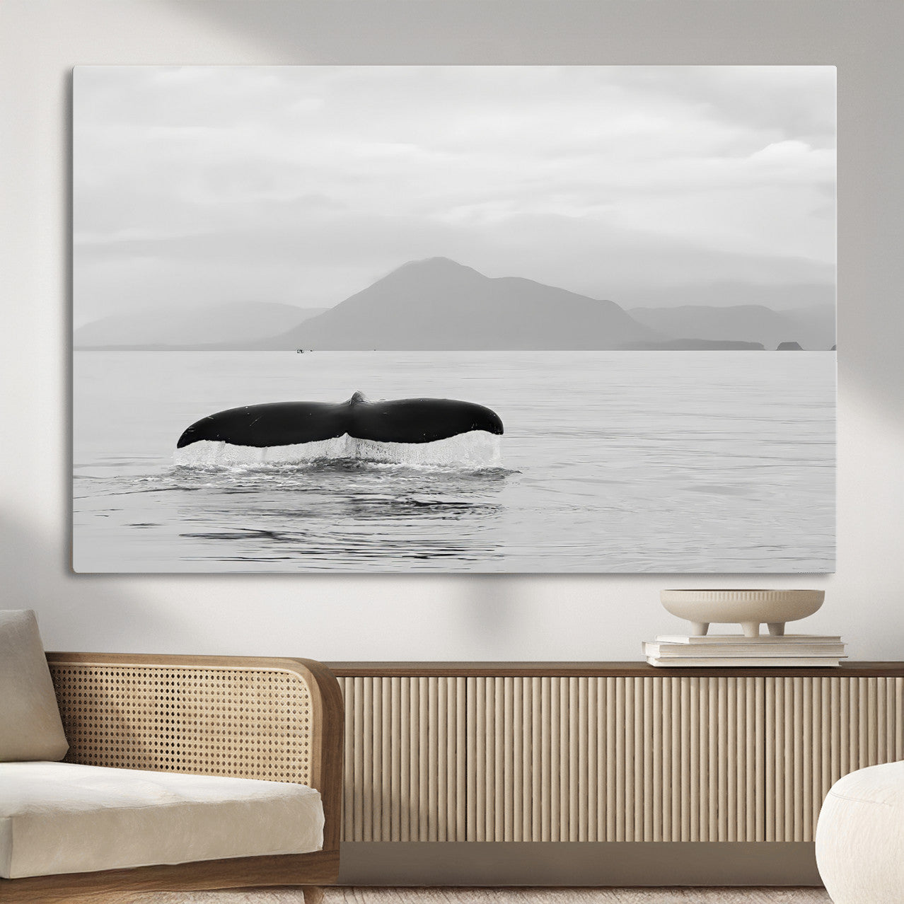 MGV-CV-36X24 - Whale Tail Wall Art Canvas Print, Framed Black White Ocean Art Picture Print, Calm Marine Perfect Minimalist Coastal Decor Artwork