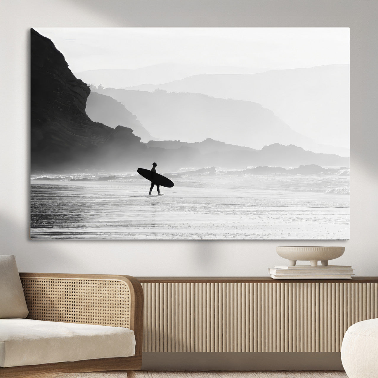 MGV-CV-36X24 - Surfer In Fog Wall Art Canvas Print, Framed Moody Shoreline Art Picture Print, Cliffside Waves Perfect Minimalist Coastal Decor Artwork