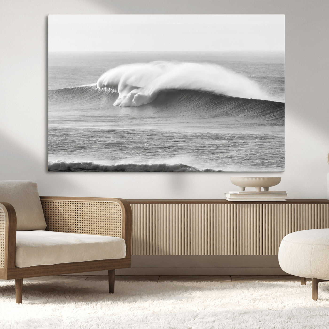 -Monochrome Seascape Wall Art Canvas Print – Framed Surf Wave Scene with Minimalist Ocean Artwork for Home, Office