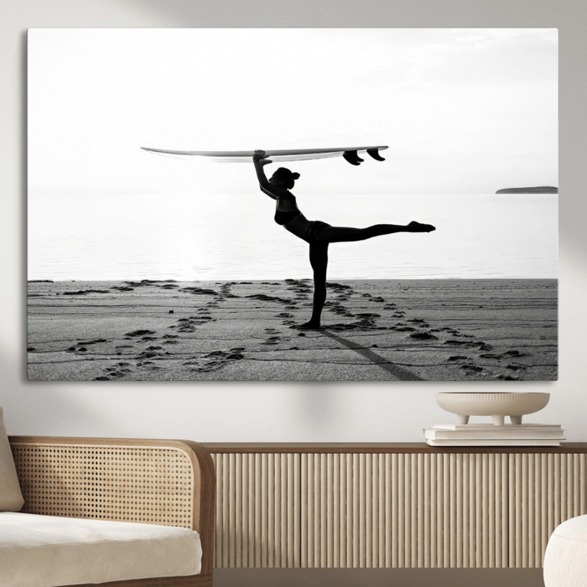 28441356-MGV-CV-36X24-Yoga Surf Wall Art Canvas Print – Framed Black White Shore Scene with Peaceful Ocean Artwork for Home, Office