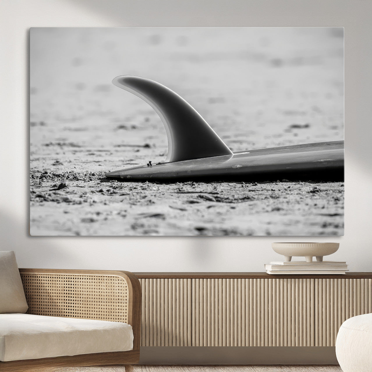 MGV-CV-36X24 - Black White Surfboard Wall Art Canvas Print, Framed Minimalist Beach Art Picture Print, Surf Fin Perfect Minimalist Coastal Decor Artwork