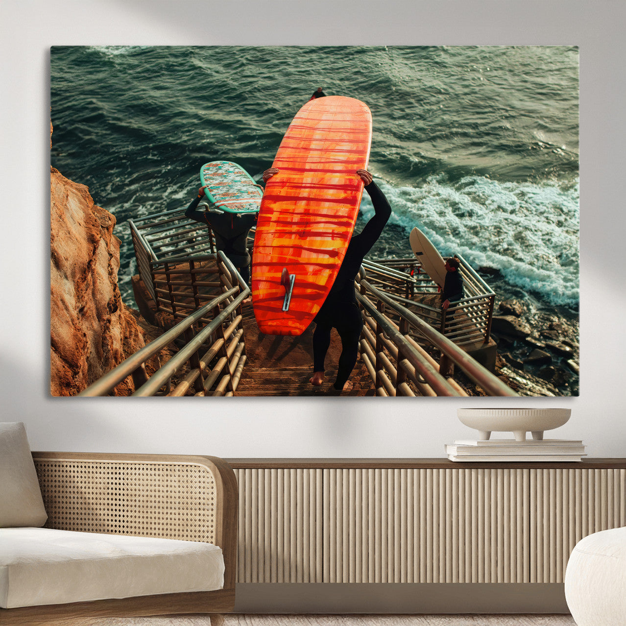 MGV-CV-36X24 - Surfer Stairway Wall Art Canvas Print, Framed Ocean Surf Art Picture Print, Sunset Coastal Perfect Coastal Adventure Decor Artwork