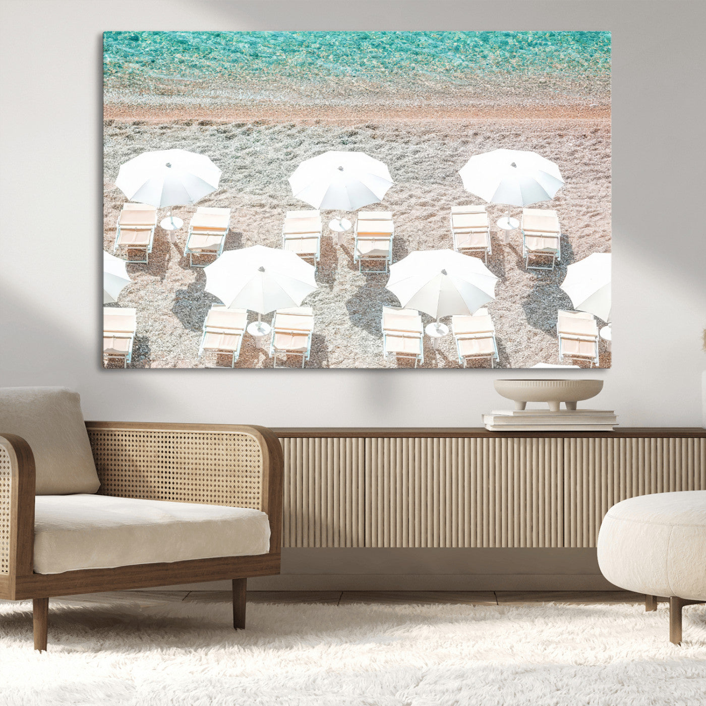 MGV-CV-36X24 - Calm Beach Wall Art Canvas Print, Framed Turquoise Water Art Picture Print, Umbrella Shoreline Perfect Coastal Minimalist Decor Artwork