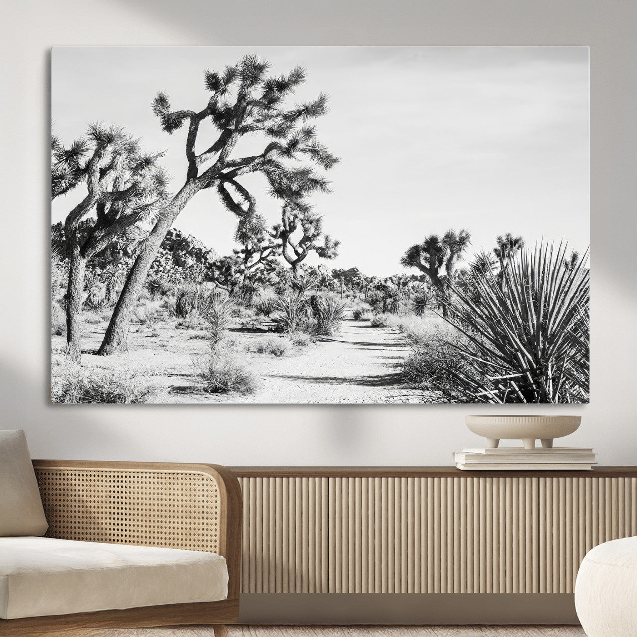 MGV-CV-36X24 - Joshua Tree Desert Wall Art – Black & White Canvas Print of Desert Landscape, Nature Serenity Decor for Guest Room, Office or Living Room