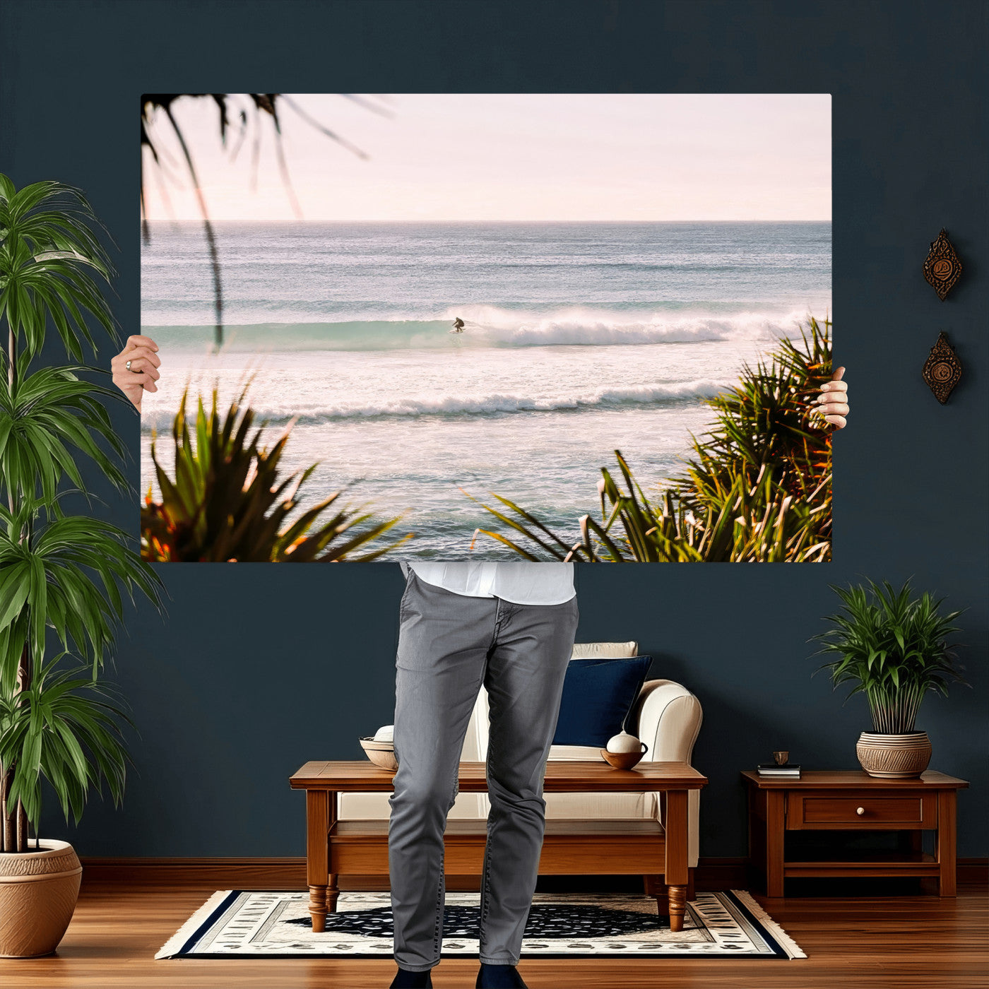 23287092-MGV-CV-36X24 - Ocean Surfer Wall Art Canvas Print | Framed Coastal Surf Art Picture Tropical Beach Artwork for Home Office